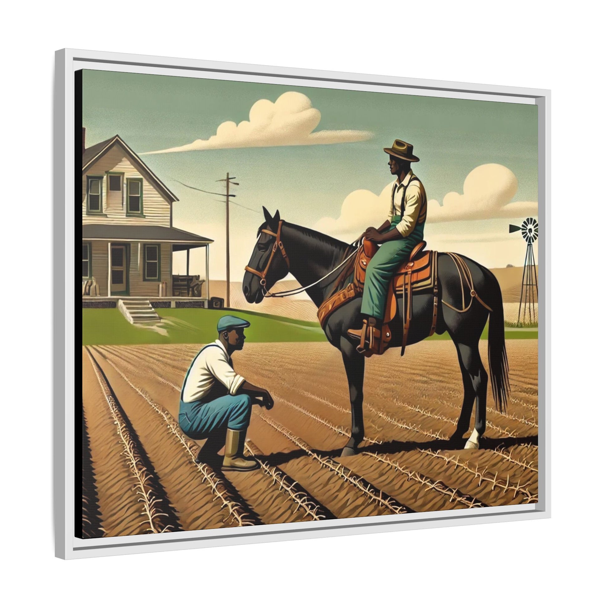 Artwork of an African American queer couple working together on a farm in a serene, vintage-inspired landscape. One man sits on horseback, gazing warmly at his partner, who examines the soil, symbolizing their partnership in both love and labor. The scene captures resilience, companionship, and the beauty of rural life.