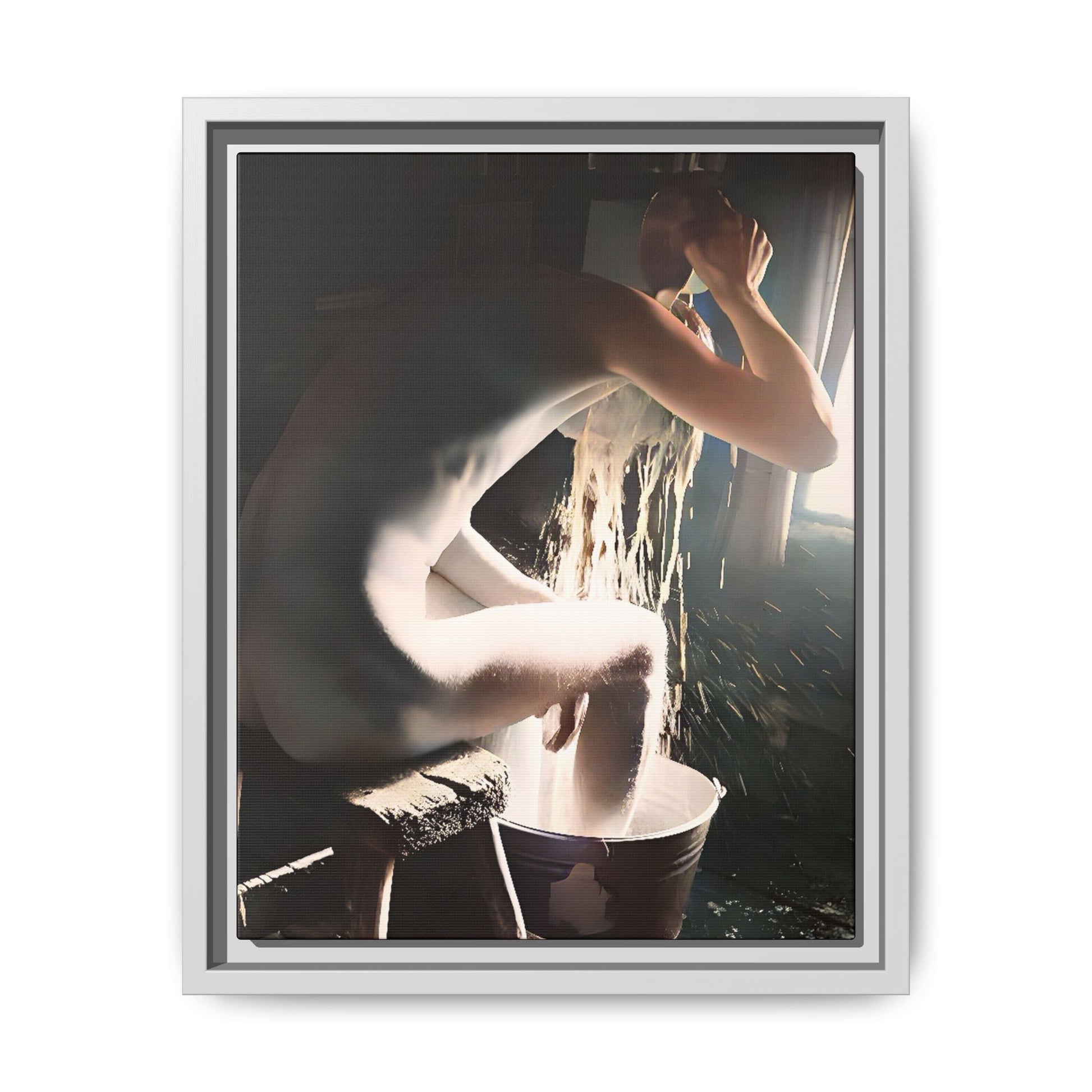 Restored early 20th-century photo of Roy during a rustic bathing ritual in Rock Springs, Wyoming, framed as wall décor celebrating simplicity and renewal.