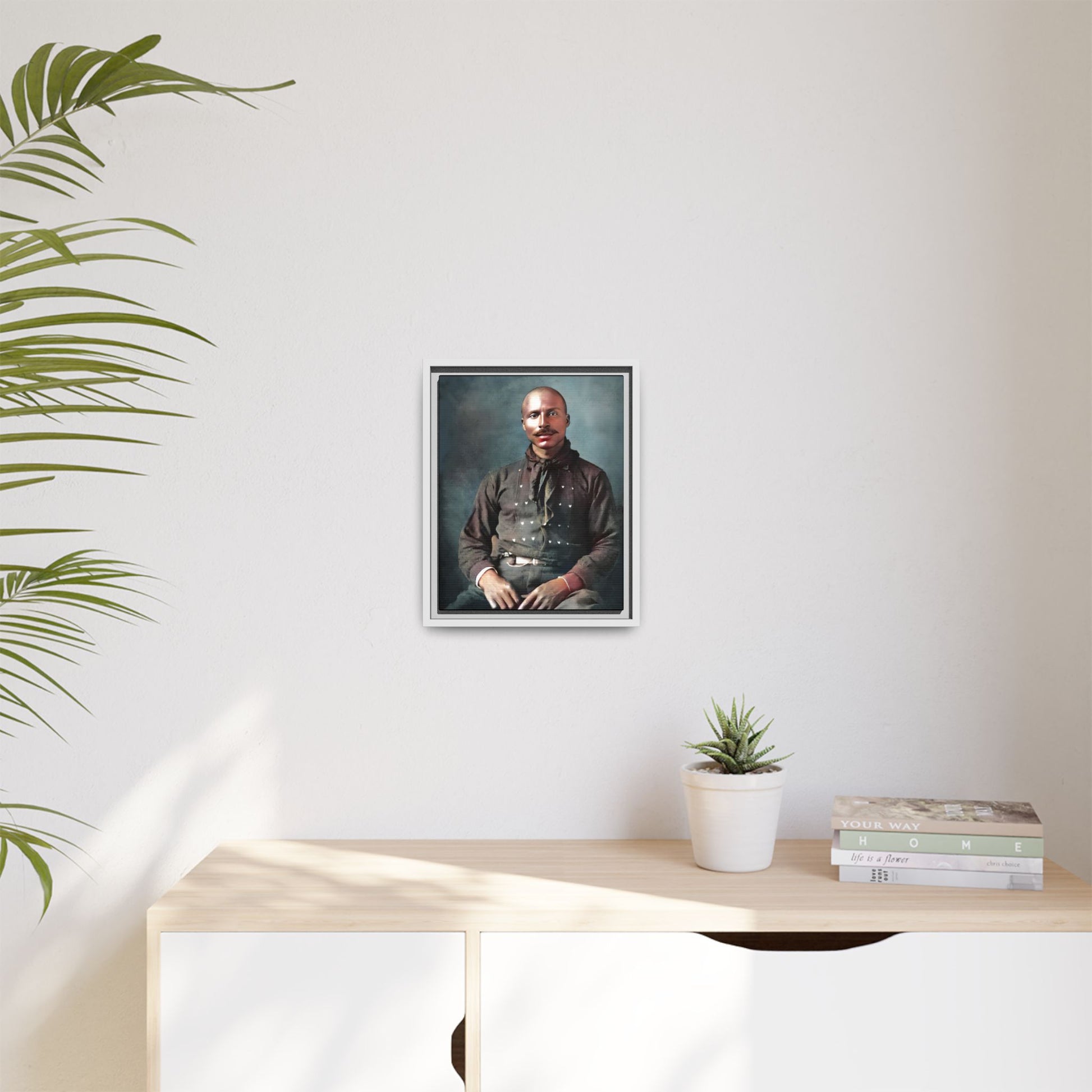 A vintage Western portrait of Jorge, capturing the rugged charm of the Old West in Mesa, Arizona. This framed matte canvas showcases resilience and classic cowboy style, perfect for rustic, Western, or Americana-inspired decor. Hispanic Latino