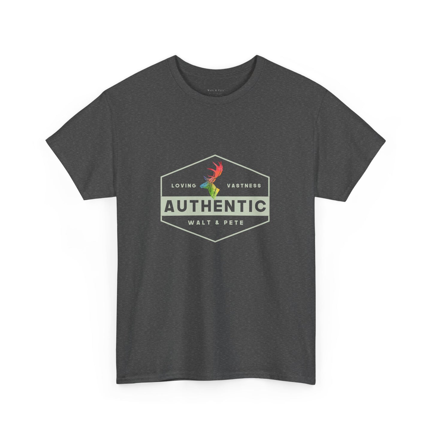 unisex LGBTQ+ t-shirt with a hexagonal badge design reading “Authentic” and “Loving & Vastness,” featuring a rainbow antler—symbolizing self-love, queer pride, and emotional depth.