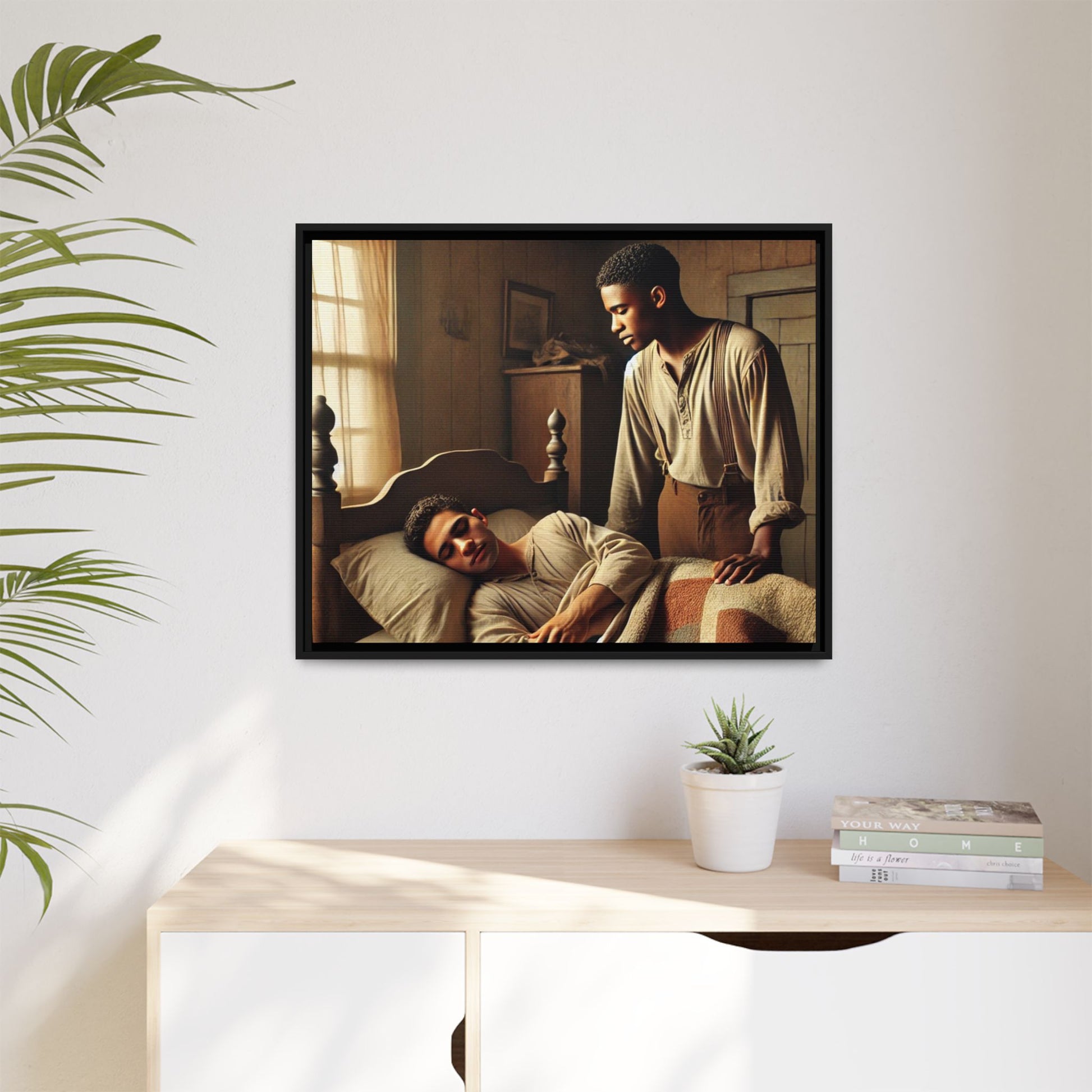 Grant 007 artwork depicting an African-American queer couple in a tender, intimate moment within a rustic bedroom. This scene, bathed in warm, nostalgic light, captures the love and quiet resilience of rural life, celebrating LGBTQ+ representation and African-American heritage.