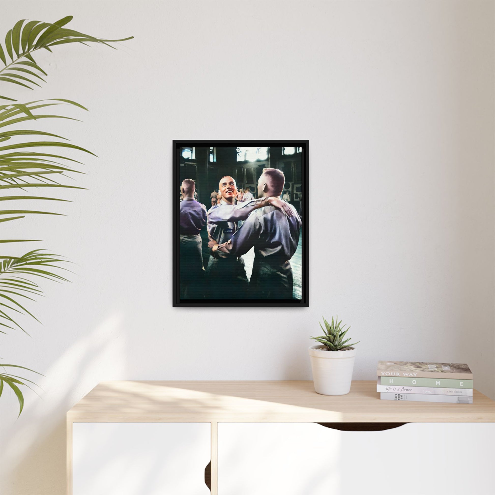 Restored mid-20th century photo of two men dancing at a USO event in Fort Belvoir, celebrating LGBTQ+ love and resilience, framed as wall décor Gay Couple