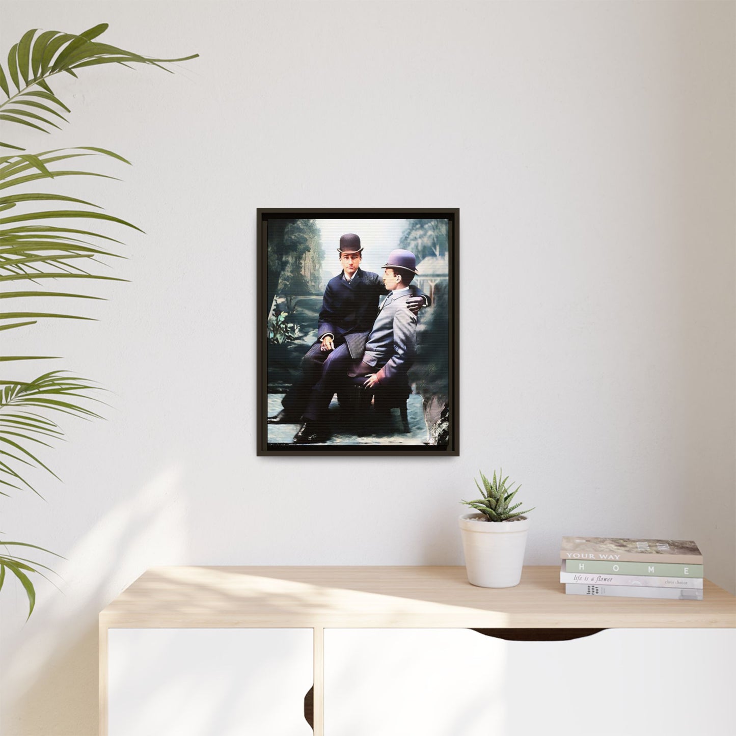 Restored 1800s photo of Cash & Arwood, Irish gay couple in loving pose, framed canvas print