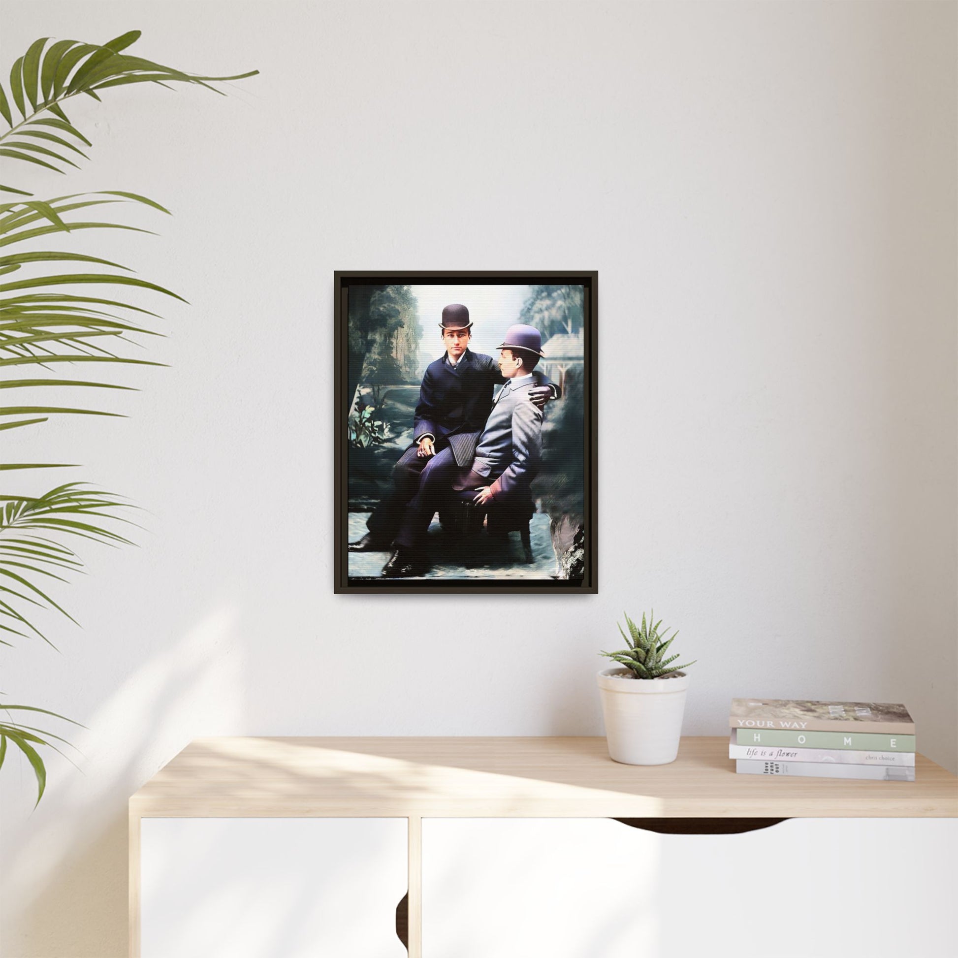 Restored 1800s photo of Cash & Arwood, Irish gay couple in loving pose, framed canvas print