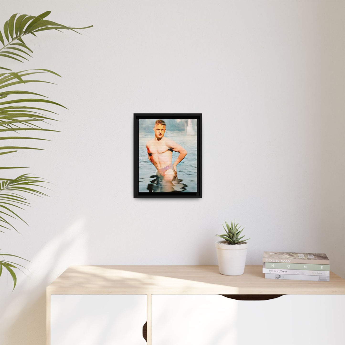 Restored 1940s vintage photo of Lewis standing waist-deep in Lake Wawasee, Indiana, radiating confidence and vitality, framed as wall art.