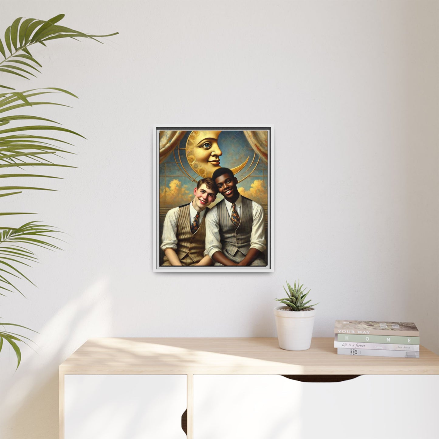 A vintage-style artwork showing a young interracial gay couple in 1920s attire sitting beneath a golden crescent moon with a serene expression. Their joyful closeness reclaims erased queer history and reflects the beauty of interracial love through a lens of tenderness and celebration.