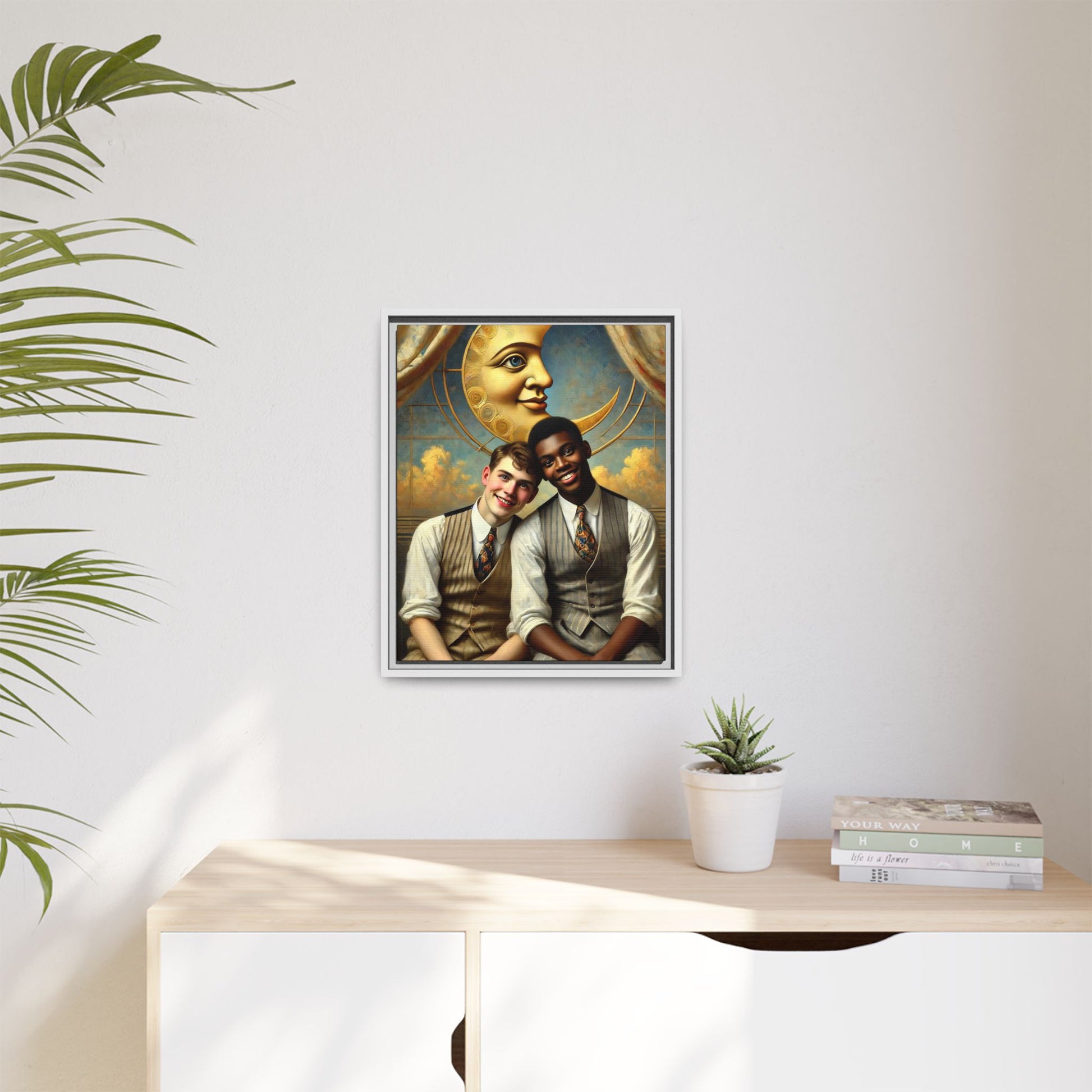 A vintage-style artwork showing a young interracial gay couple in 1920s attire sitting beneath a golden crescent moon with a serene expression. Their joyful closeness reclaims erased queer history and reflects the beauty of interracial love through a lens of tenderness and celebration.