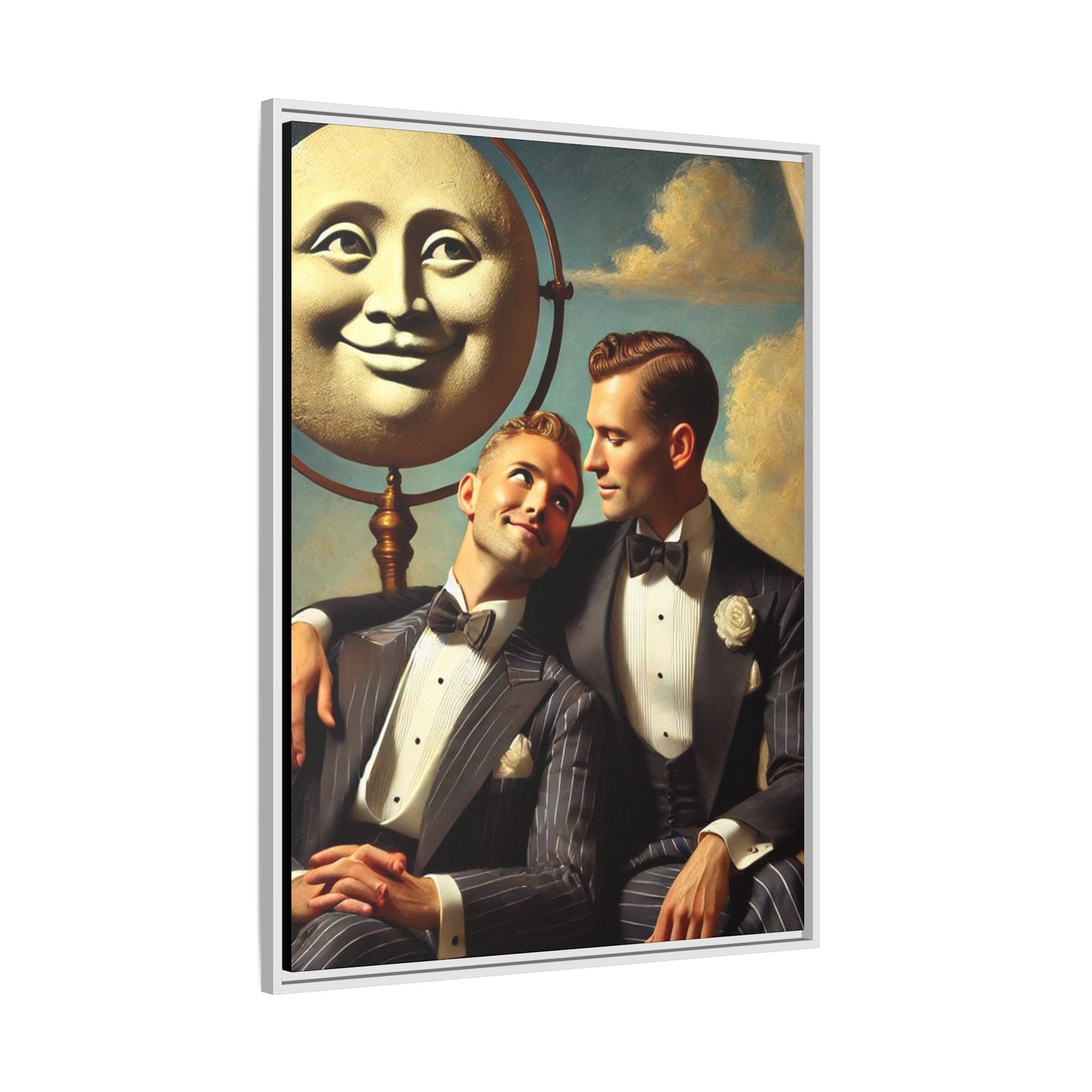 Framed matte canvas portrait featuring two young men in vintage overalls with a crescent moon prop above them. This artwork from the Missing Art Studies series reclaims LGBTQ+ imagery that may have been lost to bias, presenting warmth, intimacy, and presence.
