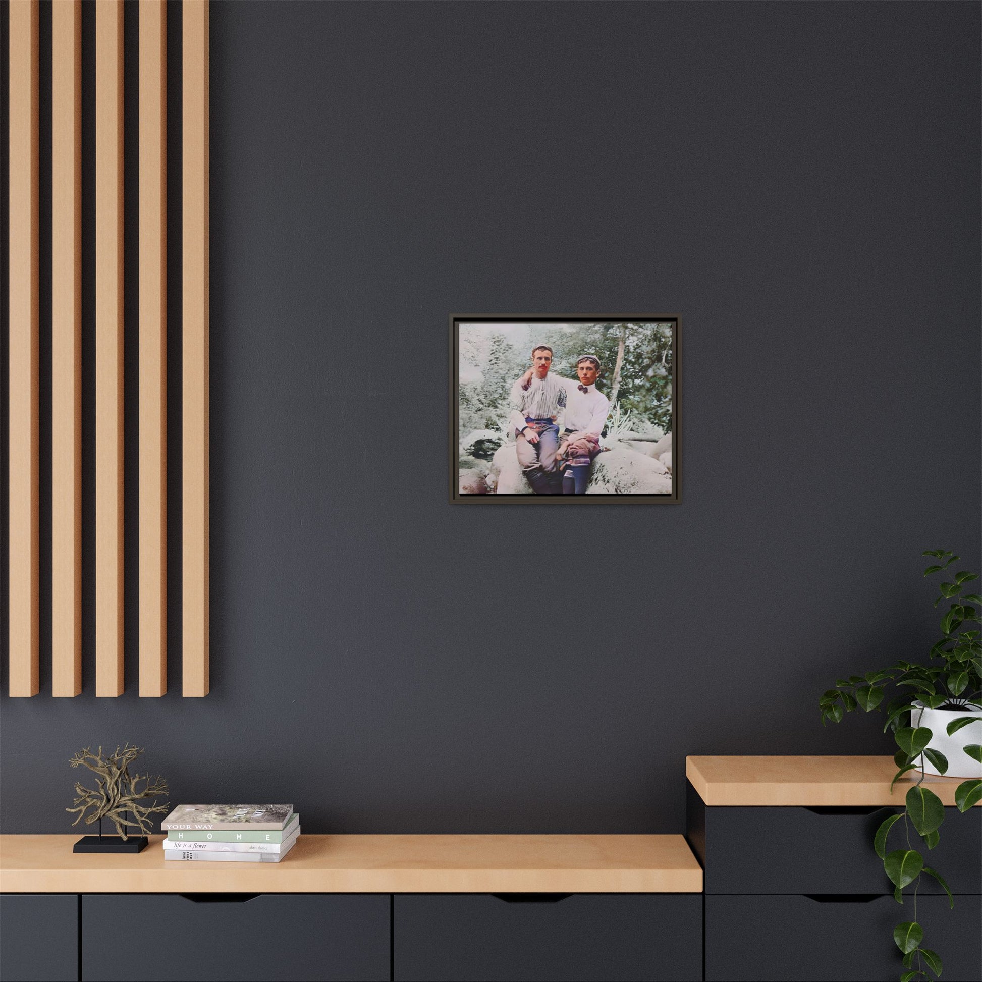 A framed vintage love portrait on matte canvas featuring Grover and Emil in Villamont, Virginia, capturing timeless LGBTQ+ connection and companionship. Gay Couple