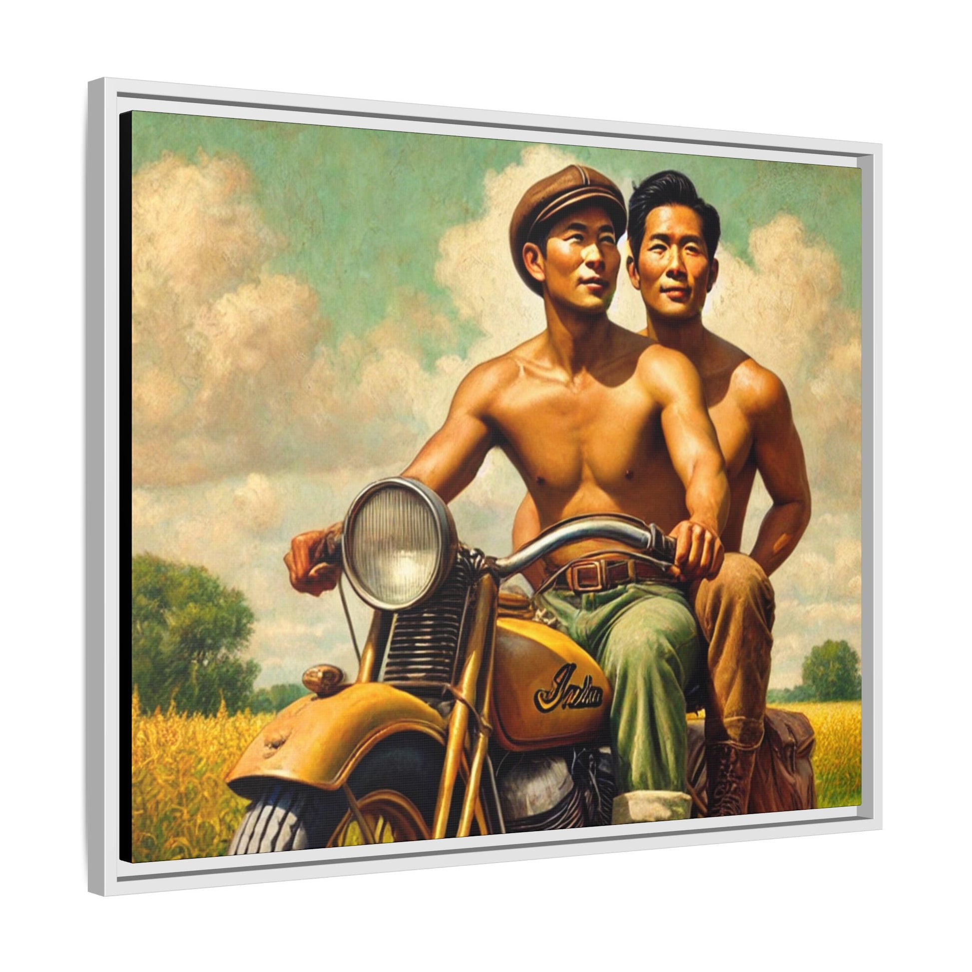 Framed artwork of an Asian-American gay couple riding a vintage yellow motorcycle through Iowa's serene countryside, celebrating love and unity.