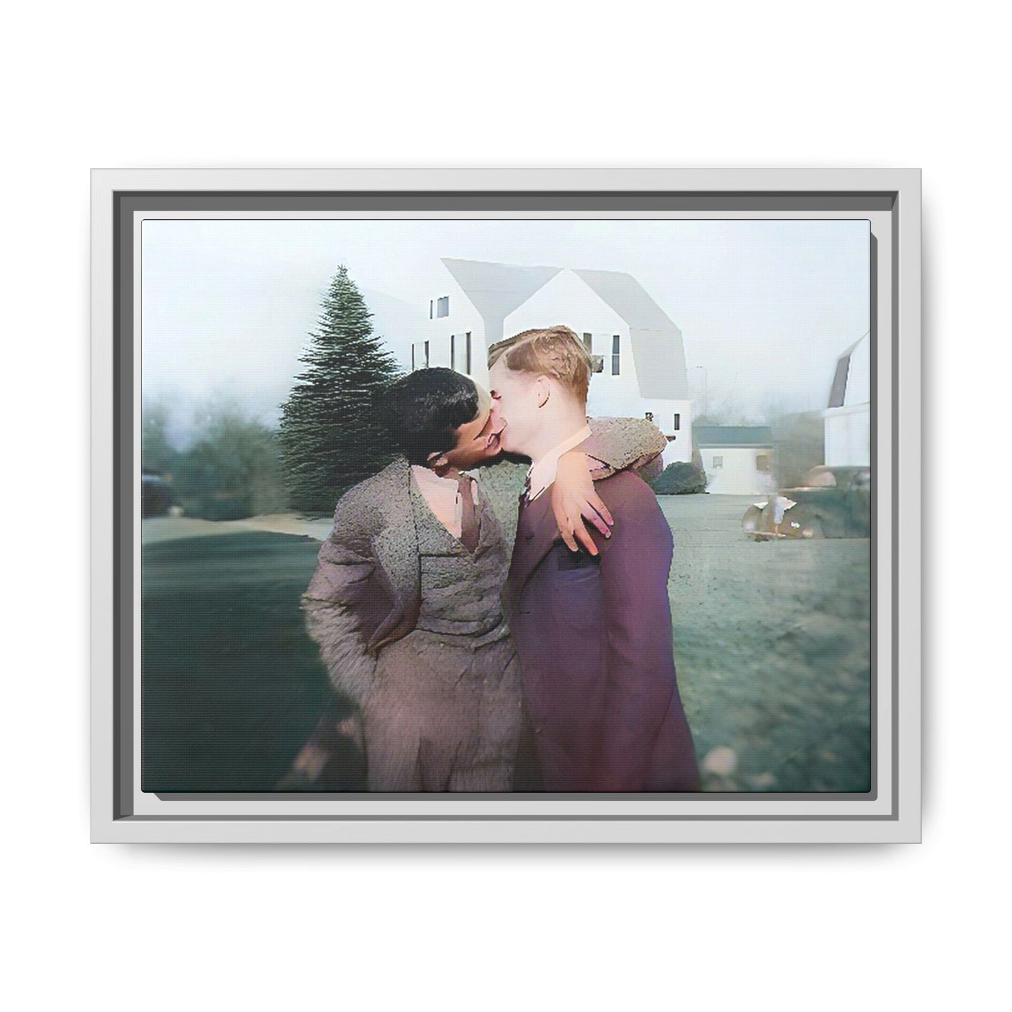 A vintage LGBTQ+ portrait of Milton & Shawn in Londonderry, NH. This framed matte canvas captures a timeless moment of love and resilience, making it a perfect piece for collectors, history enthusiasts, and those celebrating love in all forms. Gay Couple Art