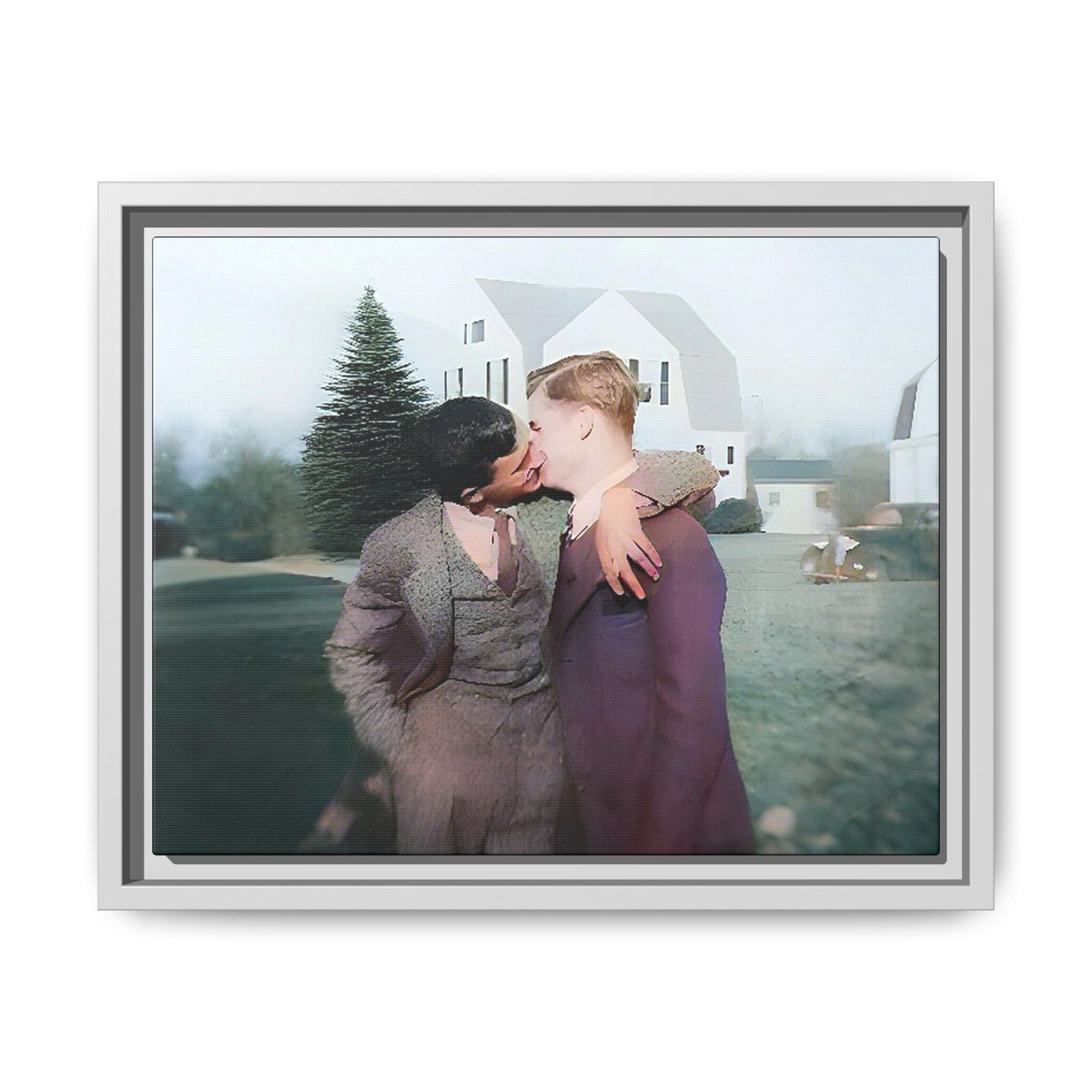 A vintage LGBTQ+ portrait of Milton & Shawn in Londonderry, NH. This framed matte canvas captures a timeless moment of love and resilience, making it a perfect piece for collectors, history enthusiasts, and those celebrating love in all forms. Gay Couple Art