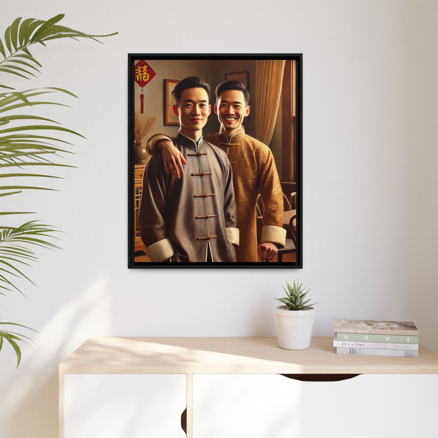 Artwork featuring a joyful portrait of a Chinese queer couple celebrating Chinese New Year in traditional attire. Set in a cozy American home adorned with subtle decorations, this image captures love, cultural pride, and warmth, blending Chinese heritage with a Midwestern setting