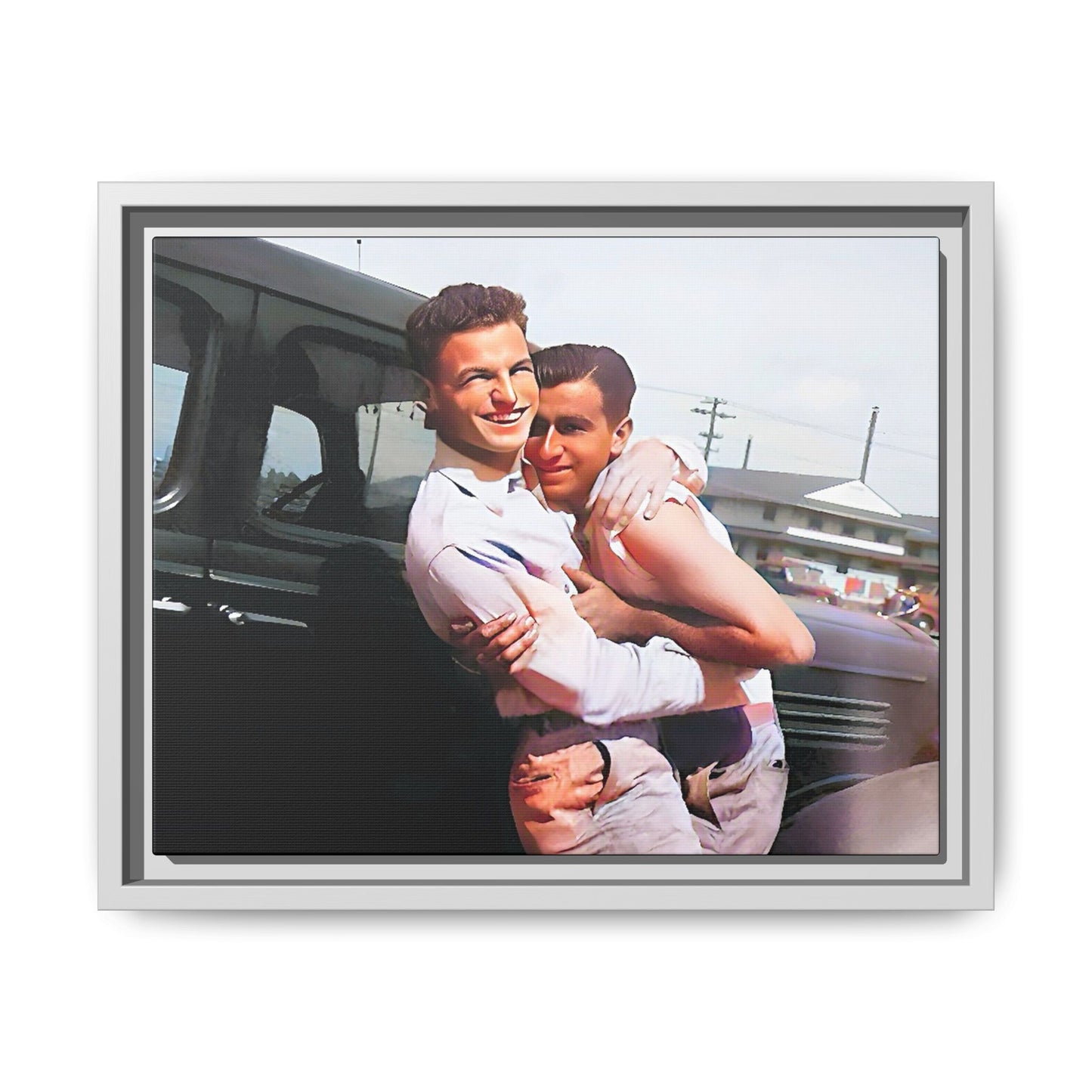 A framed vintage love portrait on matte canvas featuring Henry and Raymond in Peoria, Illinois, capturing timeless LGBTQ+ connection and joy. Gay Couple