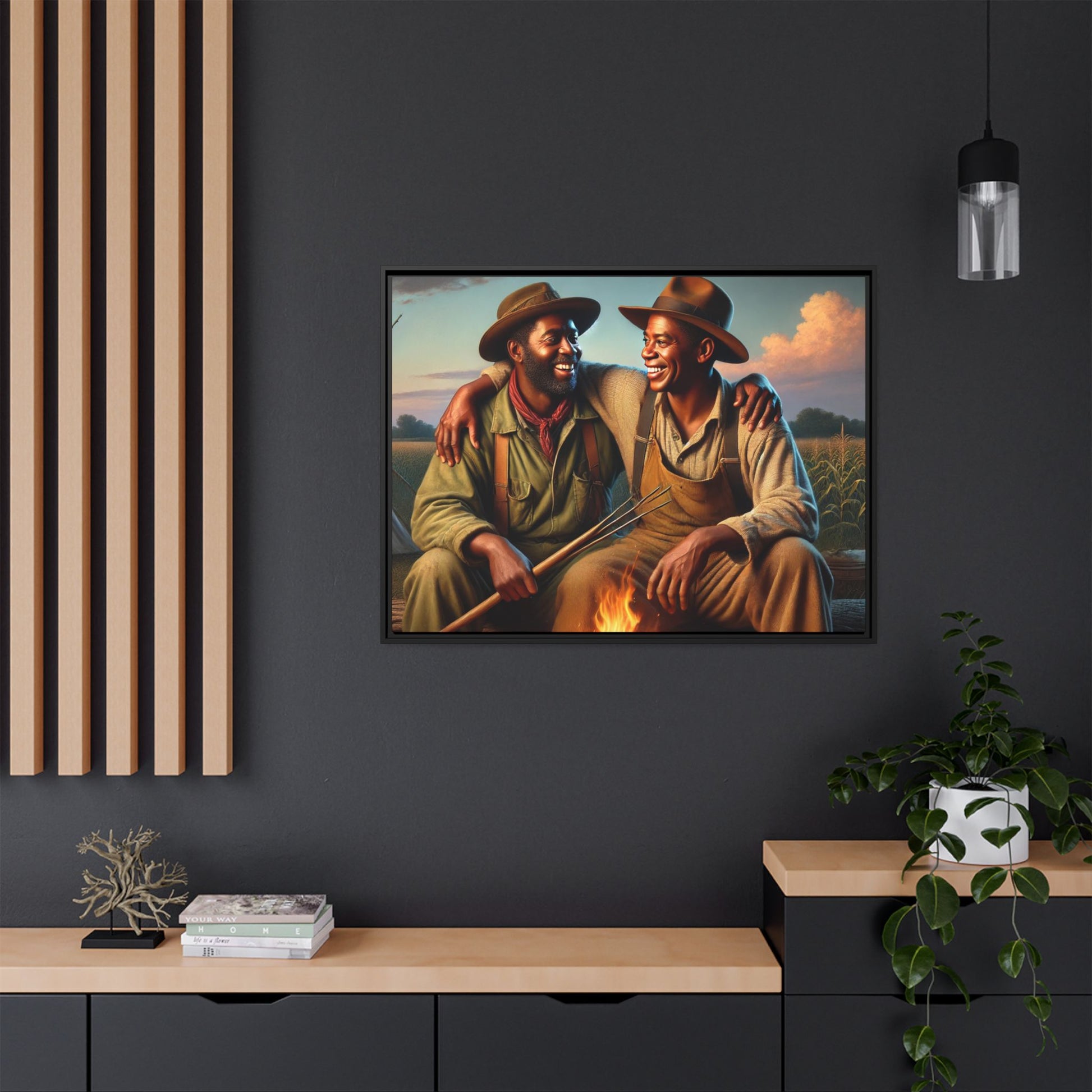 Artwork of an older African-American queer couple sharing a warm, joyful moment by a campfire in rural Iowa. Set against vast fields and an open sky, the scene captures love, resilience, and the nostalgic beauty of Americana, with firelight illuminating their laughter and companionship