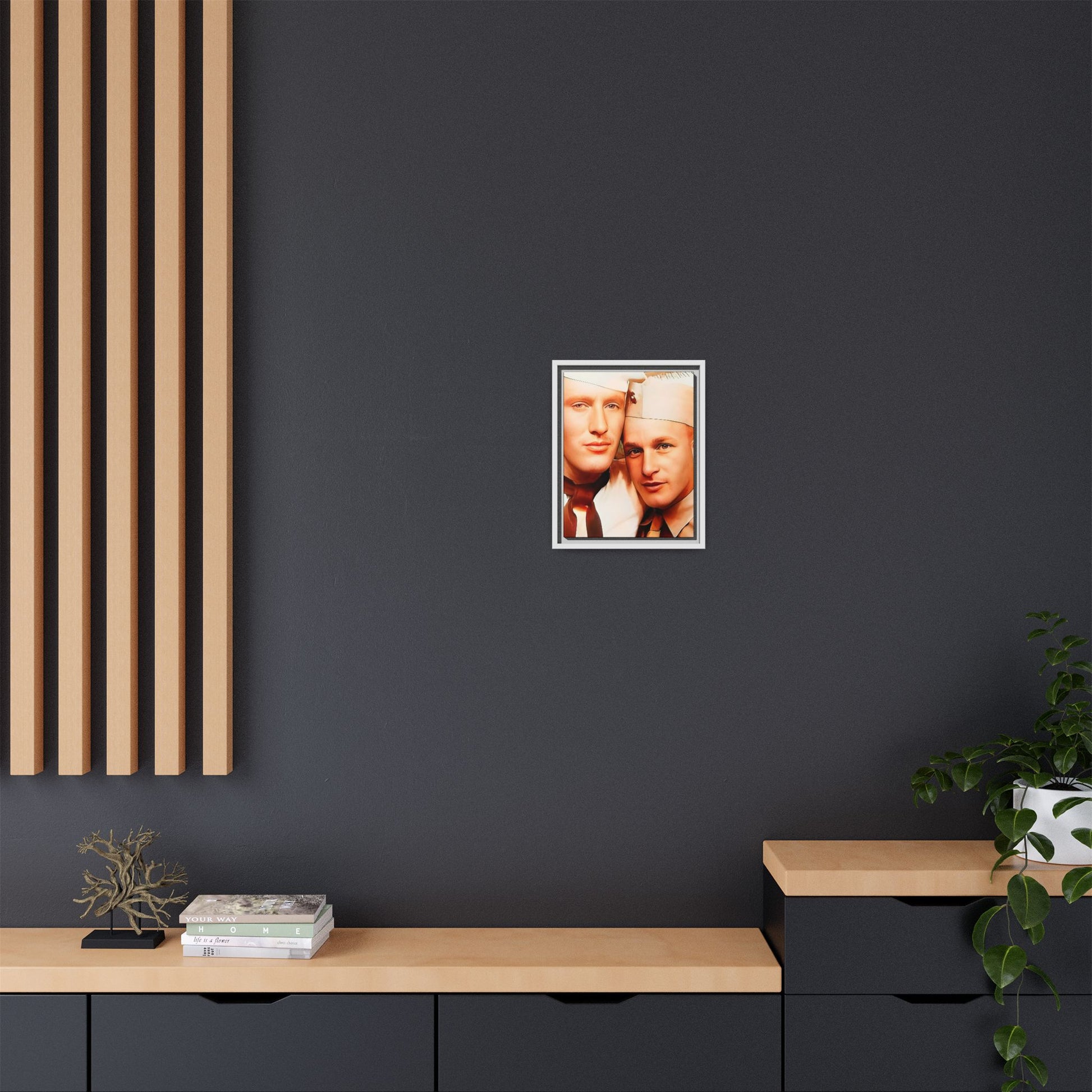 Vintage Gay photo booth portrait of Glenn & Sidney in Nantucket, MA. A heartwarming tribute to queer history, captured in a candid embrace. Available as a matte canvas print, perfect for celebrating love, identity, and nostalgia. Military Portrait