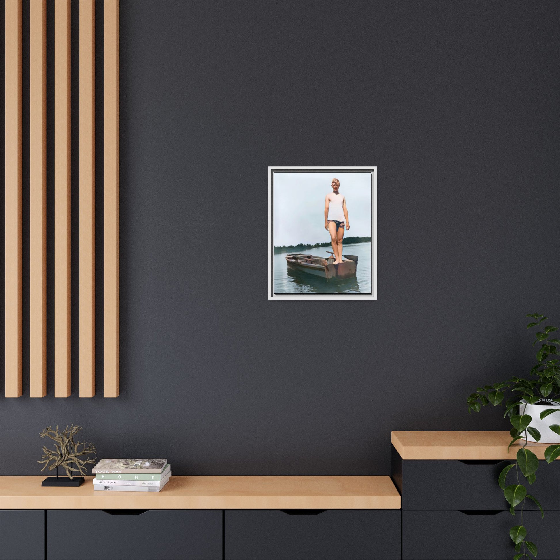 A framed vintage lake portrait on matte canvas featuring George standing on a rowboat at Creve Coeur Lake, Missouri, capturing timeless outdoor nostalgia.