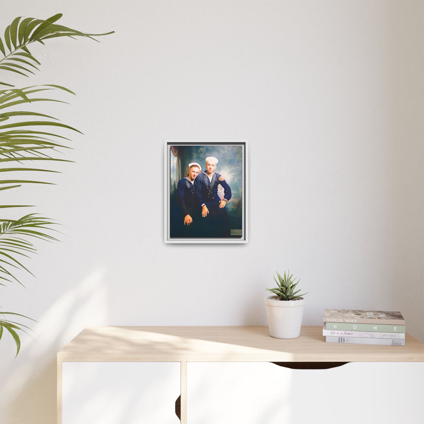 A restored vintage naval portrait of Thomas & Ervin at Naval Station Newport, Rhode Island. This framed matte canvas honors LGBTQ+ history, military service, and timeless camaraderie. Gay Couple