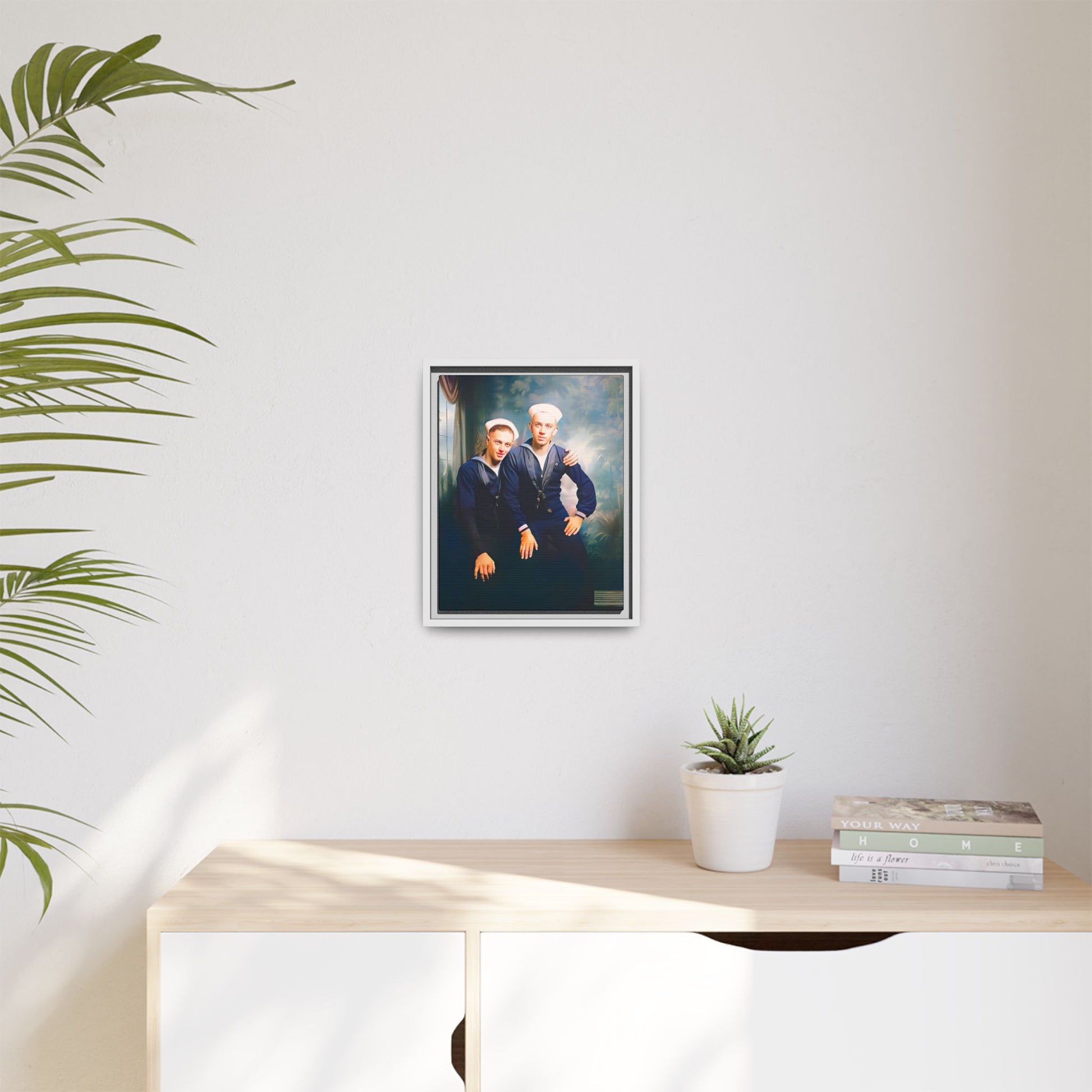 A restored vintage naval portrait of Thomas & Ervin at Naval Station Newport, Rhode Island. This framed matte canvas honors LGBTQ+ history, military service, and timeless camaraderie. Gay Couple
