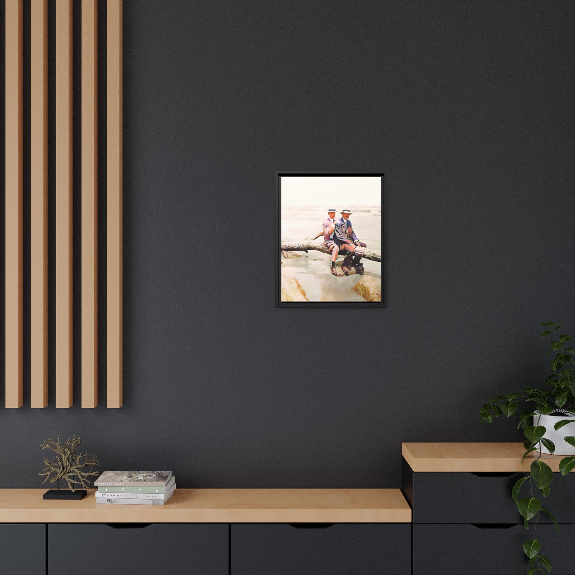 A restored vintage riverside portrait of Edward & Walter in Danbury, Connecticut. This framed matte canvas honors LGBTQ+ history, elegance, and timeless companionship. Gay Couple