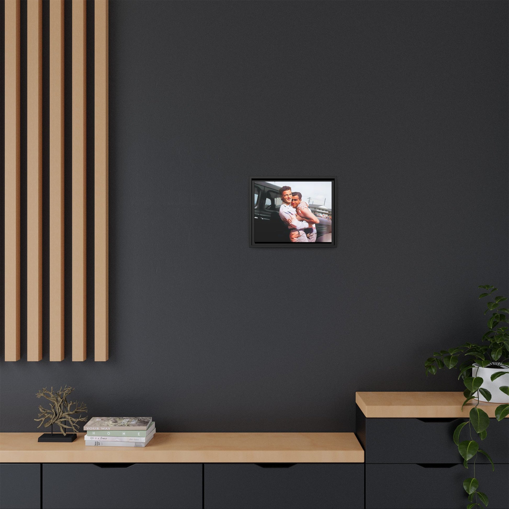 A framed vintage love portrait on matte canvas featuring Henry and Raymond in Peoria, Illinois, capturing timeless LGBTQ+ connection and joy. Gay Couple