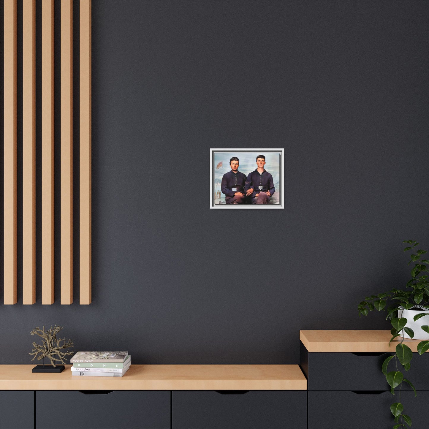A framed vintage Civil War photo on matte canvas featuring two Union soldiers at Camp Curtin, honoring military history. Gay Couple