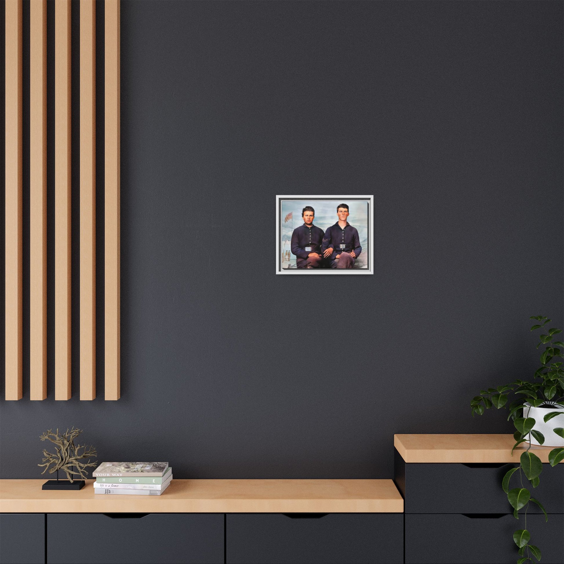 A framed vintage Civil War photo on matte canvas featuring two Union soldiers at Camp Curtin, honoring military history. Gay Couple