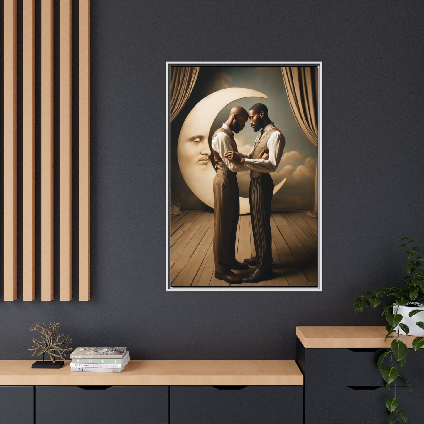 Two Black men in vintage 1920s clothing stand forehead to forehead, embraced beneath a glowing crescent moon. A theatrical scene honoring queer love, memory, and history, reclaiming moments that were never captured due to cultural bias.