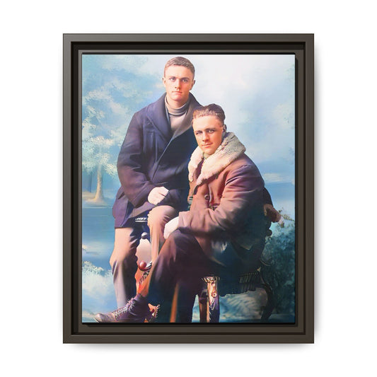 Restored vintage photograph of David and Sam, a gay couple in winter attire from early 20th century Yakima, Washington. Framed matte canvas print showcasing love, resilience, and Gay  history.