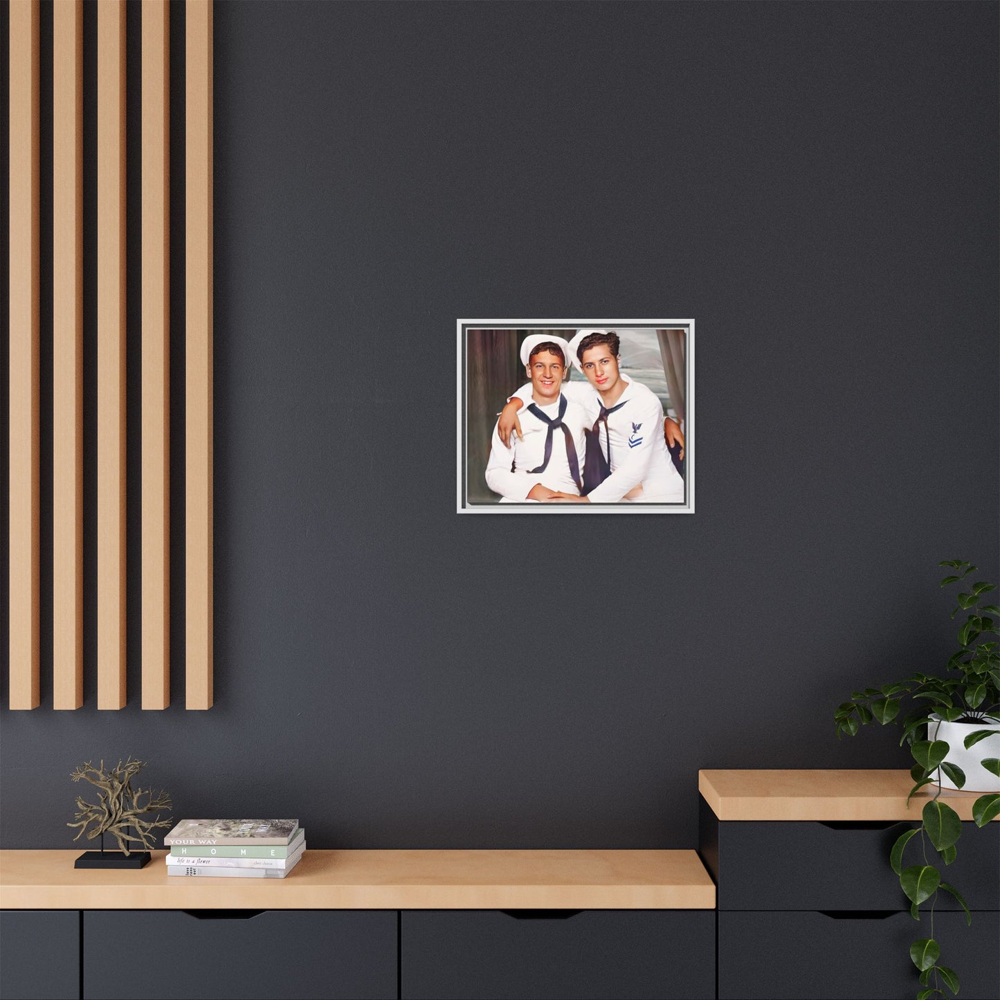 A restored vintage Navy portrait of Kenny and William at Fort Lee, Virginia. This framed matte canvas print honors military camaraderie, resilience, and LGBTQ+ history with a timeless tribute to friendship and love. Gay Couple Sailors Navy