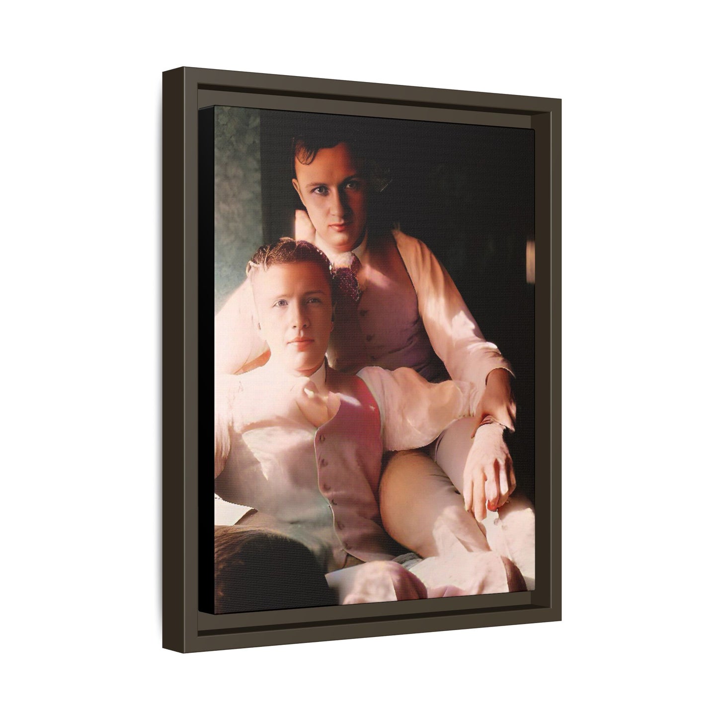 Restored vintage photograph of James and Henry, an early 1900s LGBTQ+ couple from Dayton, Ohio, sharing an intimate, sunlit moment. Framed matte canvas print celebrating love, devotion, and LGBTQ+ history. Gay Couple Affectionate Men