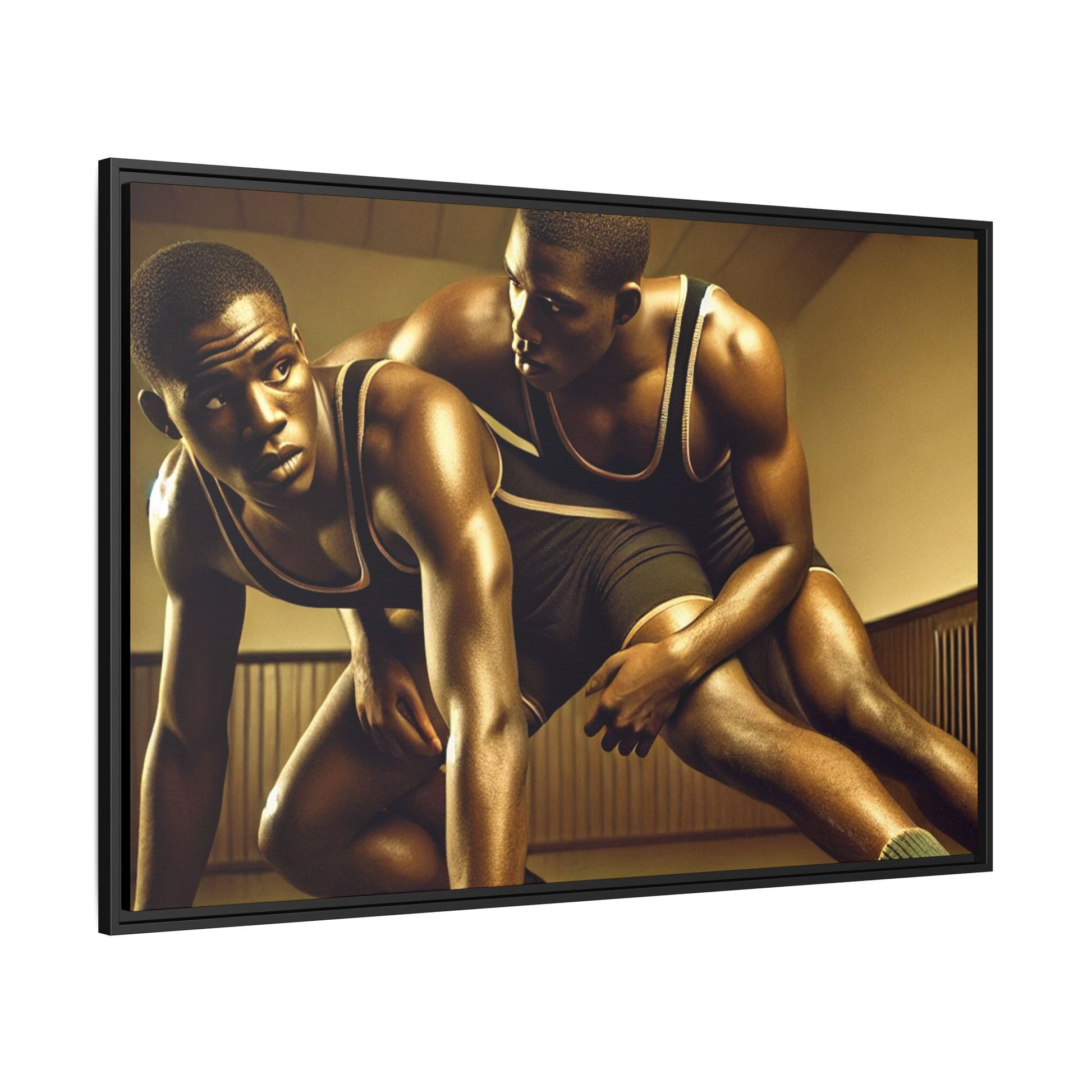 Framed artwork inspired by Grant Wood, showcasing African-American wrestlers in a vintage gymnasium setting. A powerful tribute to teamwork, resilience, and regionalist art.