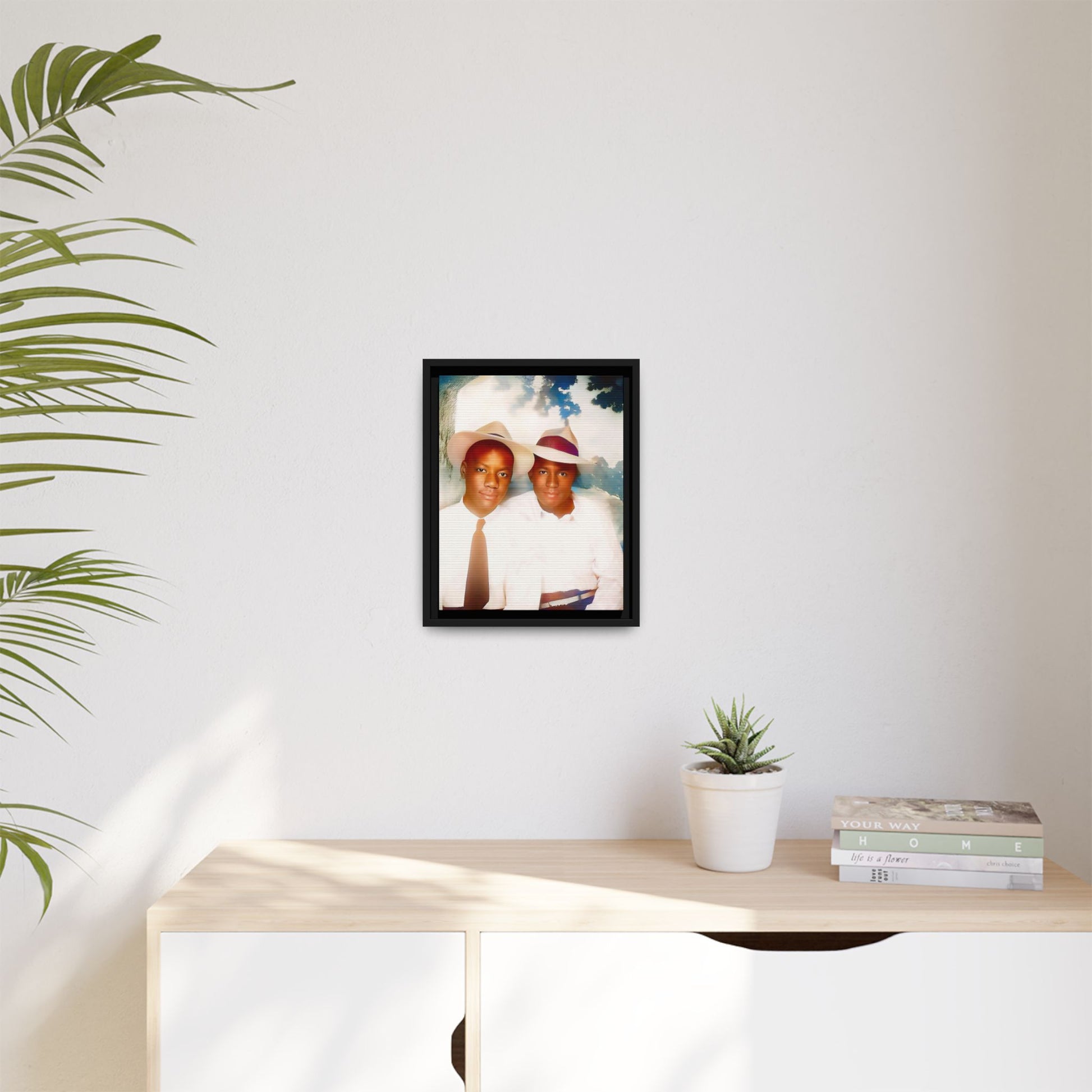 A restored vintage portrait of Bryson & Damien in Taylor, Mississippi. This framed matte canvas celebrates LGBTQ+ history, Southern charm, and timeless love. African American Gay Couple