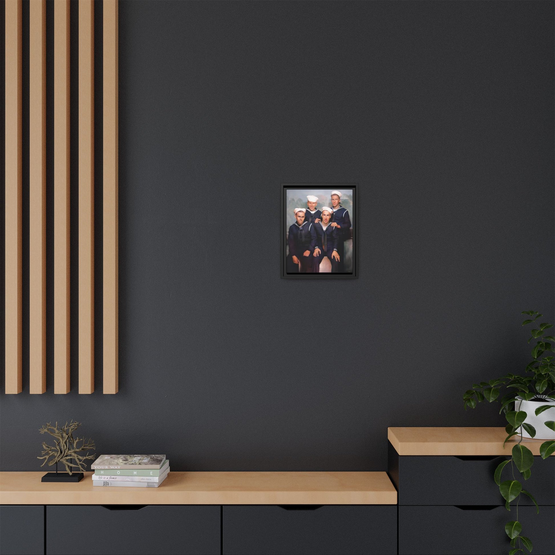 A framed vintage naval portrait on matte canvas featuring four sailors at Naval Station Great Lakes, capturing unity, service, and military pride.
