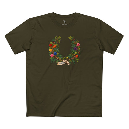 Kenyan acacia Pride laurel wreath with colorful blossoms and coral-rose FAHARI text for dark shirts