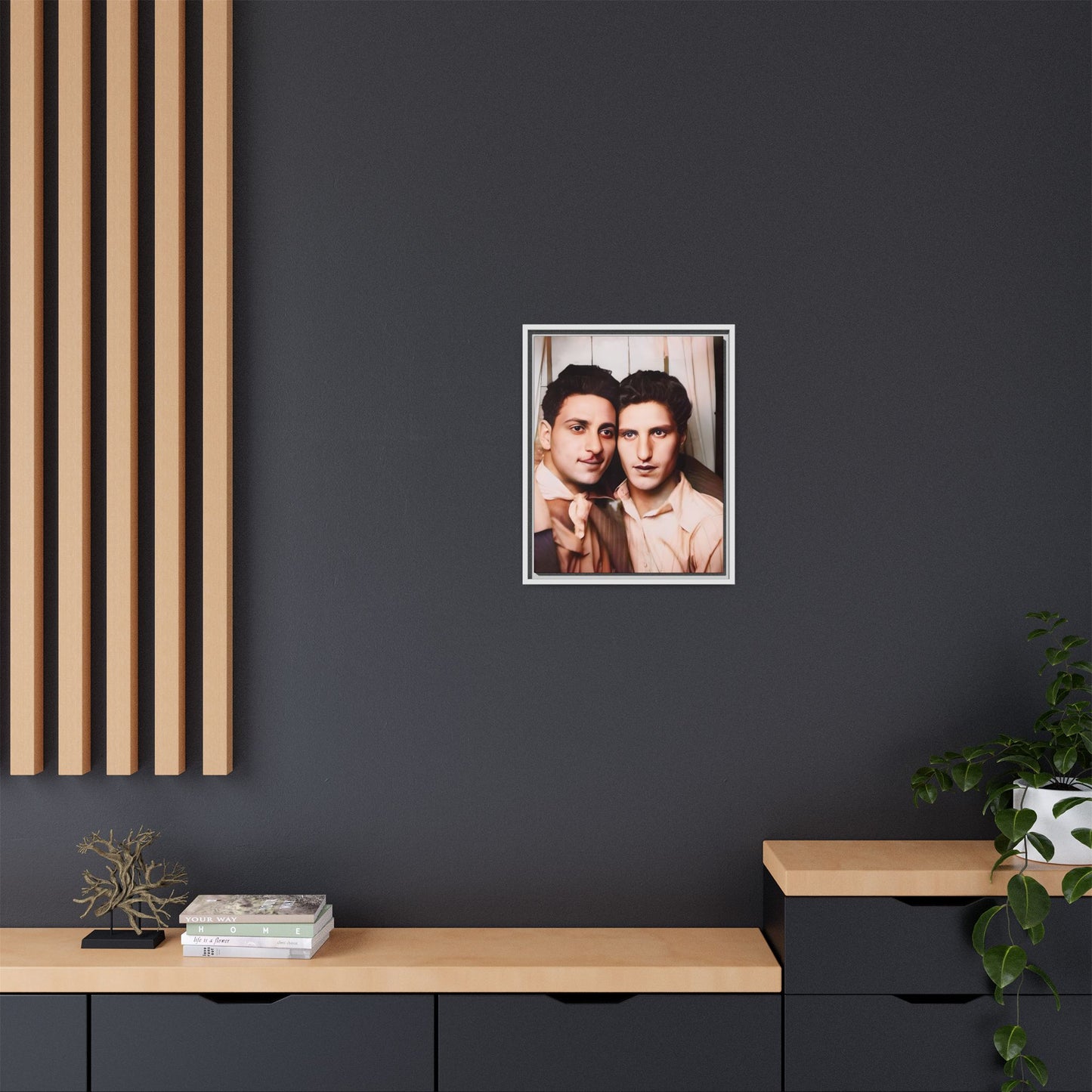 A framed vintage photo booth portrait on matte canvas featuring Juan and Lawrence in Santa Monica, California, capturing timeless LGBTQ+ love and companionship. Gay Couple