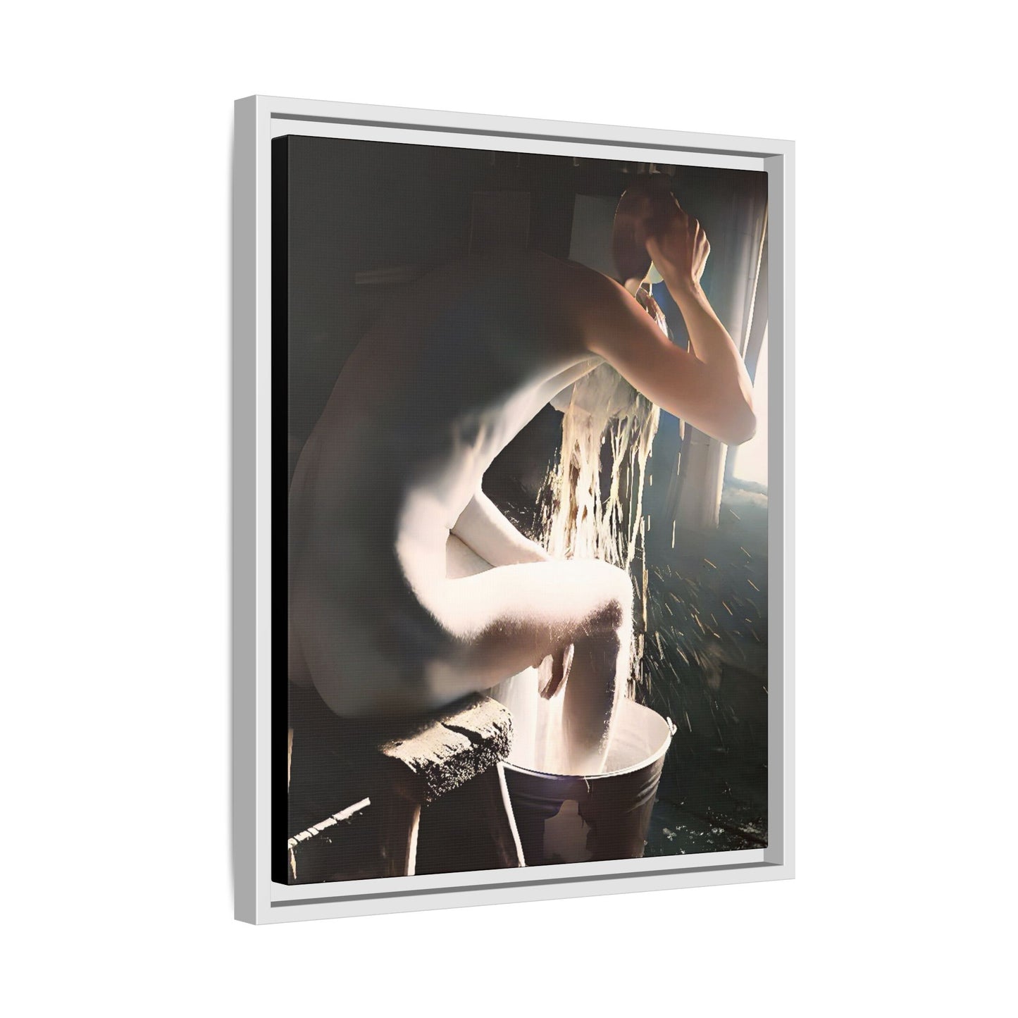 Restored early 20th-century photo of Roy during a rustic bathing ritual in Rock Springs, Wyoming, framed as wall décor celebrating simplicity and renewal.