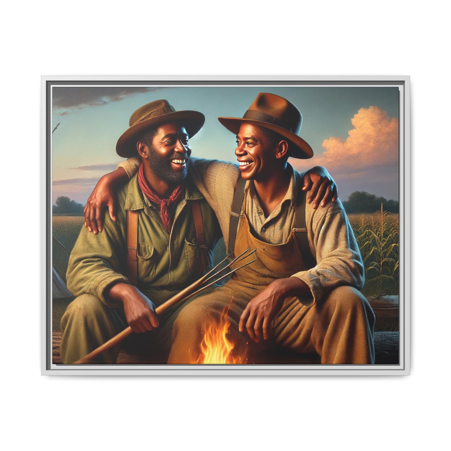 Artwork of an older African-American queer couple sharing a warm, joyful moment by a campfire in rural Iowa. Set against vast fields and an open sky, the scene captures love, resilience, and the nostalgic beauty of Americana, with firelight illuminating their laughter and companionship