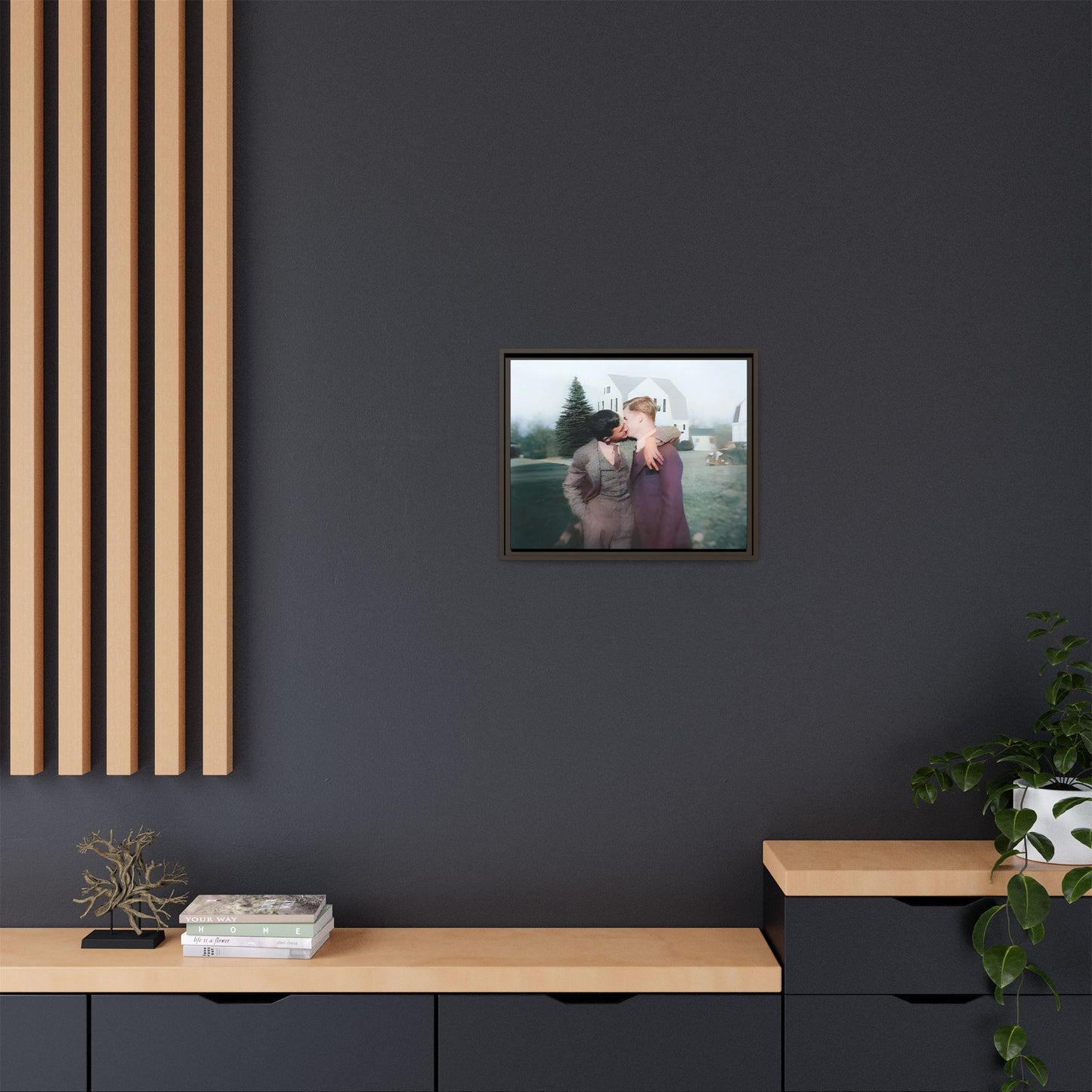 A vintage LGBTQ+ portrait of Milton & Shawn in Londonderry, NH. This framed matte canvas captures a timeless moment of love and resilience, making it a perfect piece for collectors, history enthusiasts, and those celebrating love in all forms. Gay Couple Art