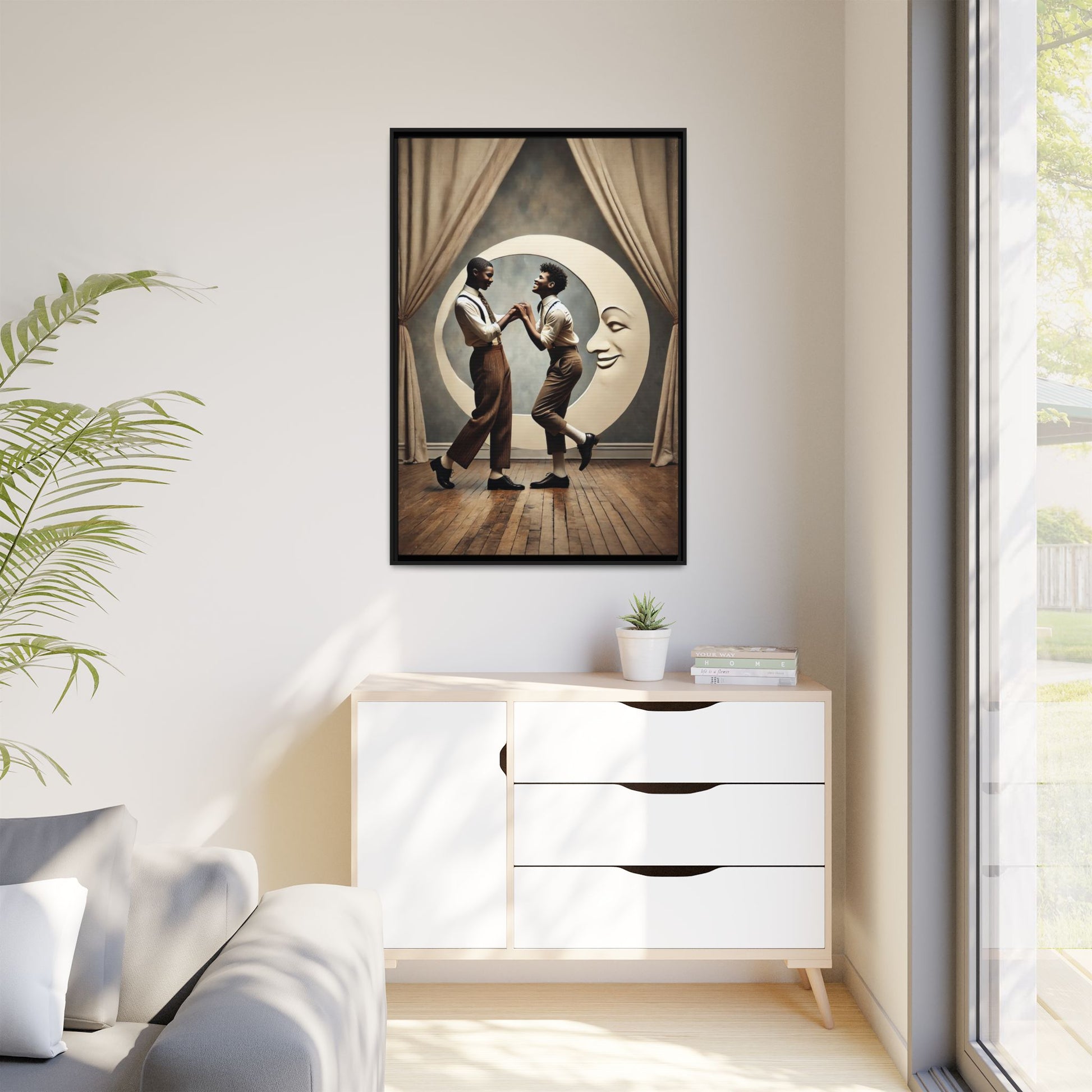Two joyful young Black men dressed in 1920s fashion dancing in front of a crescent moon prop with a smiling face. This artwork reclaims erased queer love, offering a whimsical and powerful celebration of Black LGBTQ+ youth and history.