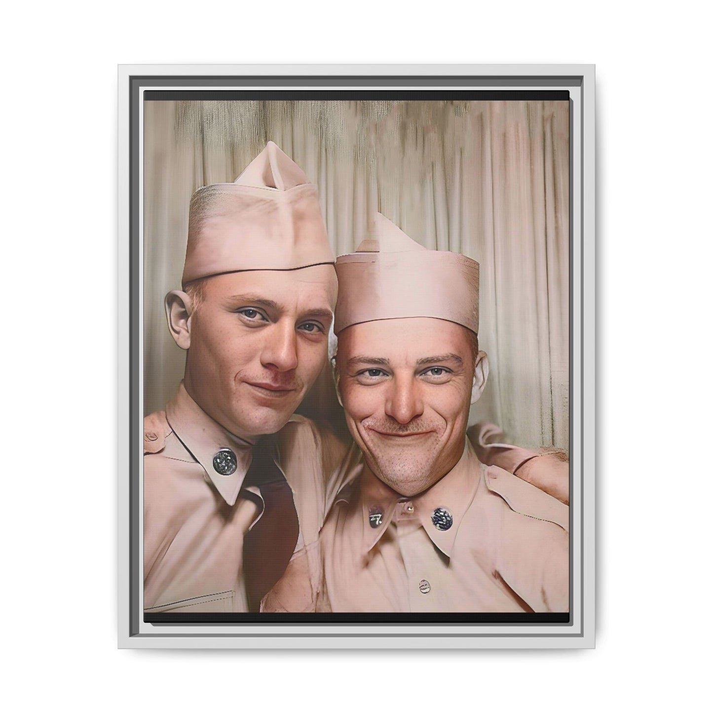 A framed vintage army portrait on matte canvas featuring two soldiers at Puget Sound Naval Shipyard, symbolizing friendship and service. Gay Couple Photo Booth