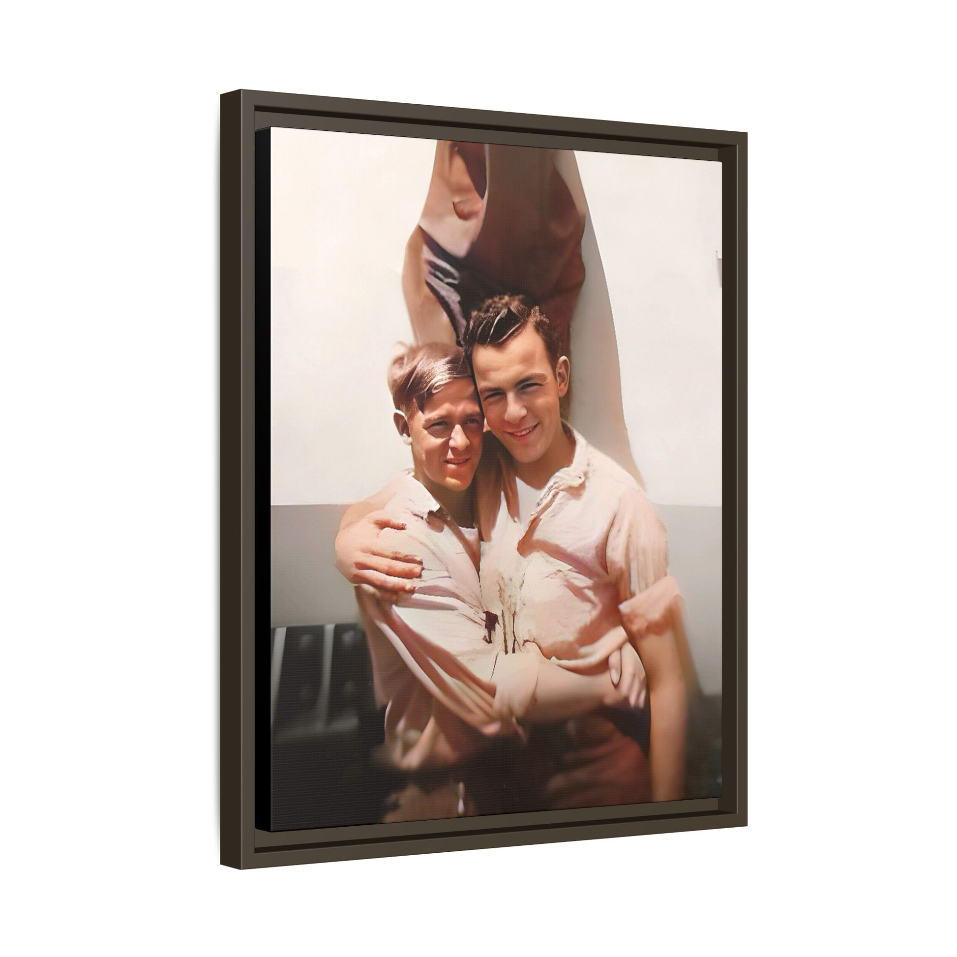 A framed vintage WWII-era portrait on matte canvas featuring Walter and Paul at Camp Shanks, NY, capturing love and resilience during wartime. Gay Couple