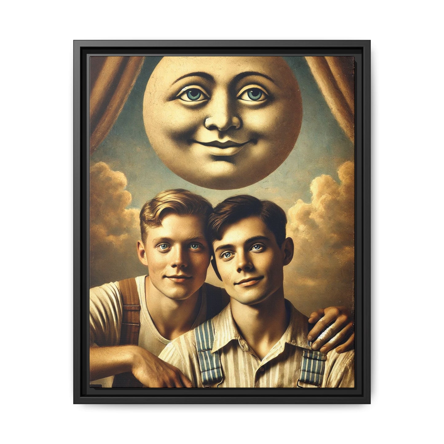 Framed matte canvas portrait featuring two young men in vintage overalls with a crescent moon prop above them. This artwork from the Missing Art Studies series reclaims LGBTQ+ imagery that may have been lost to bias, presenting warmth, intimacy, and presence.