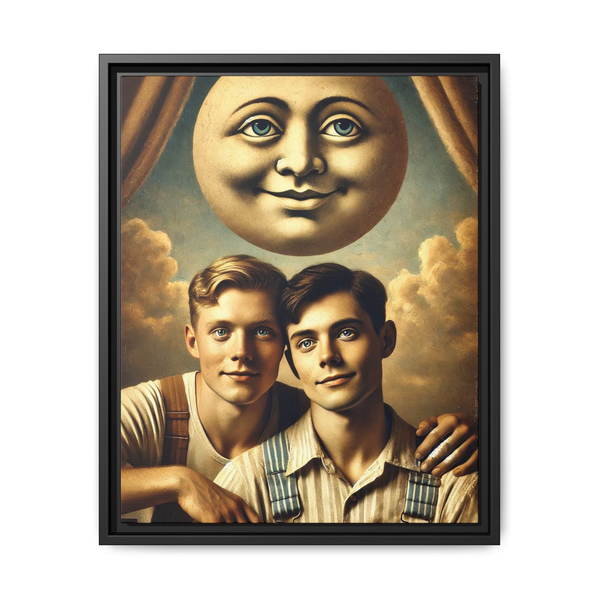 Framed matte canvas portrait featuring two young men in vintage overalls with a crescent moon prop above them. This artwork from the Missing Art Studies series reclaims LGBTQ+ imagery that may have been lost to bias, presenting warmth, intimacy, and presence.