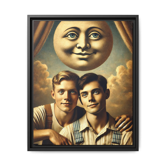 Framed matte canvas portrait featuring two young men in vintage overalls with a crescent moon prop above them. This artwork from the Missing Art Studies series reclaims LGBTQ+ imagery that may have been lost to bias, presenting warmth, intimacy, and presence.