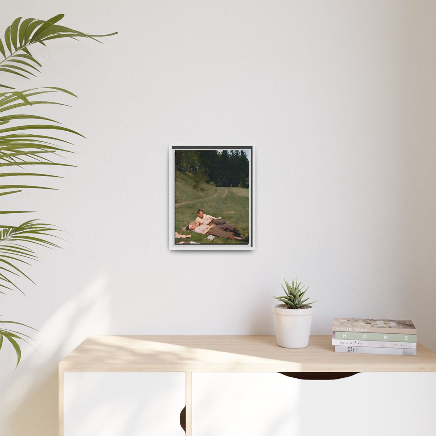 A framed vintage portrait on matte canvas featuring Anthony and Claude in the Belluno Dolomites, capturing nature, serenity, and timeless connection. Gay Couple, LGBTQ Soldiers