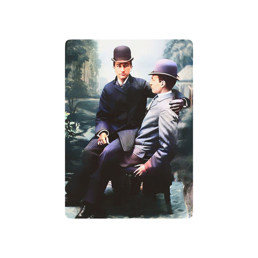 Vintage photo of two men in 19th-century Dublin, one seated on the other’s lap, symbolizing hidden Queer love.