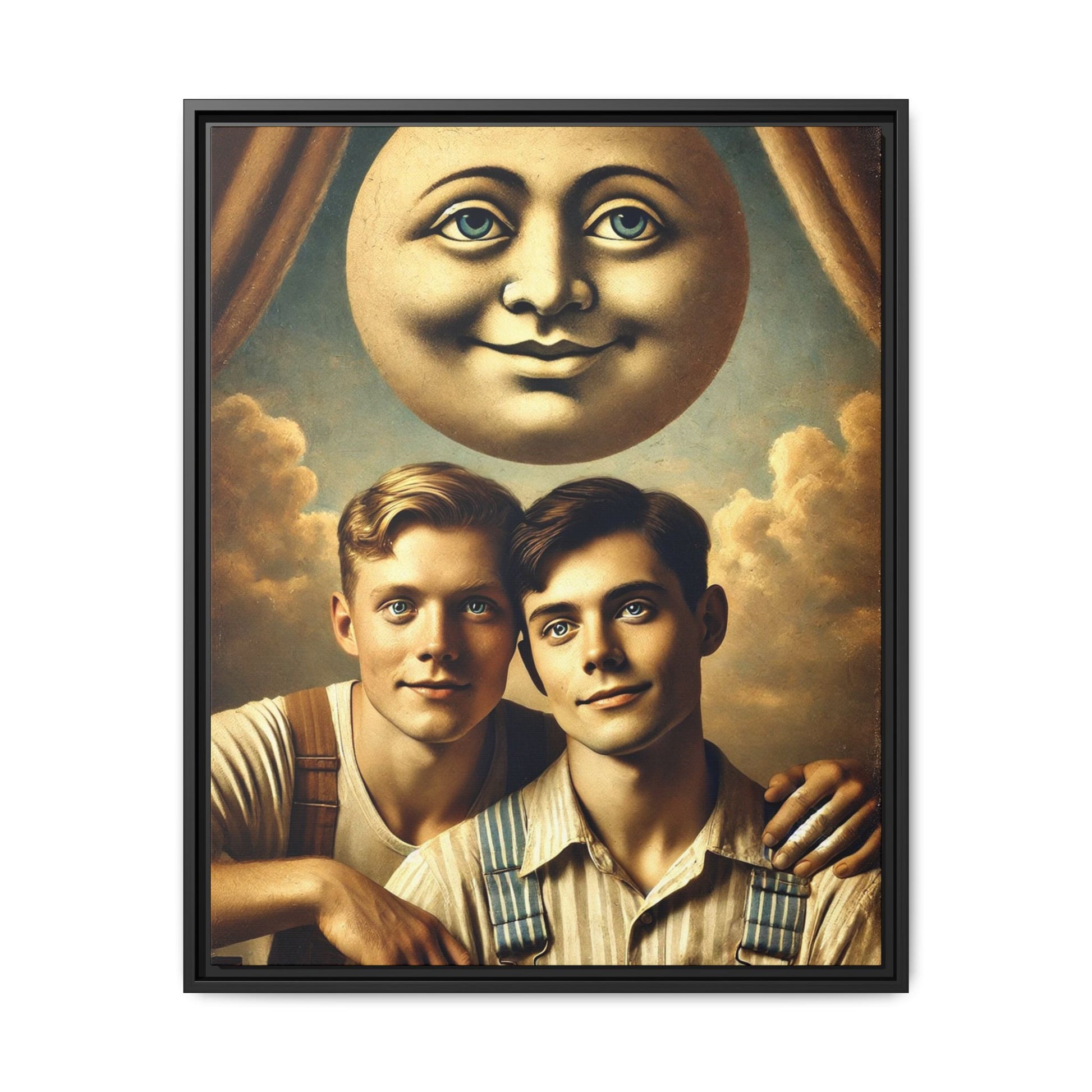 Framed matte canvas portrait featuring two young men in vintage overalls with a crescent moon prop above them. This artwork from the Missing Art Studies series reclaims LGBTQ+ imagery that may have been lost to bias, presenting warmth, intimacy, and presence.