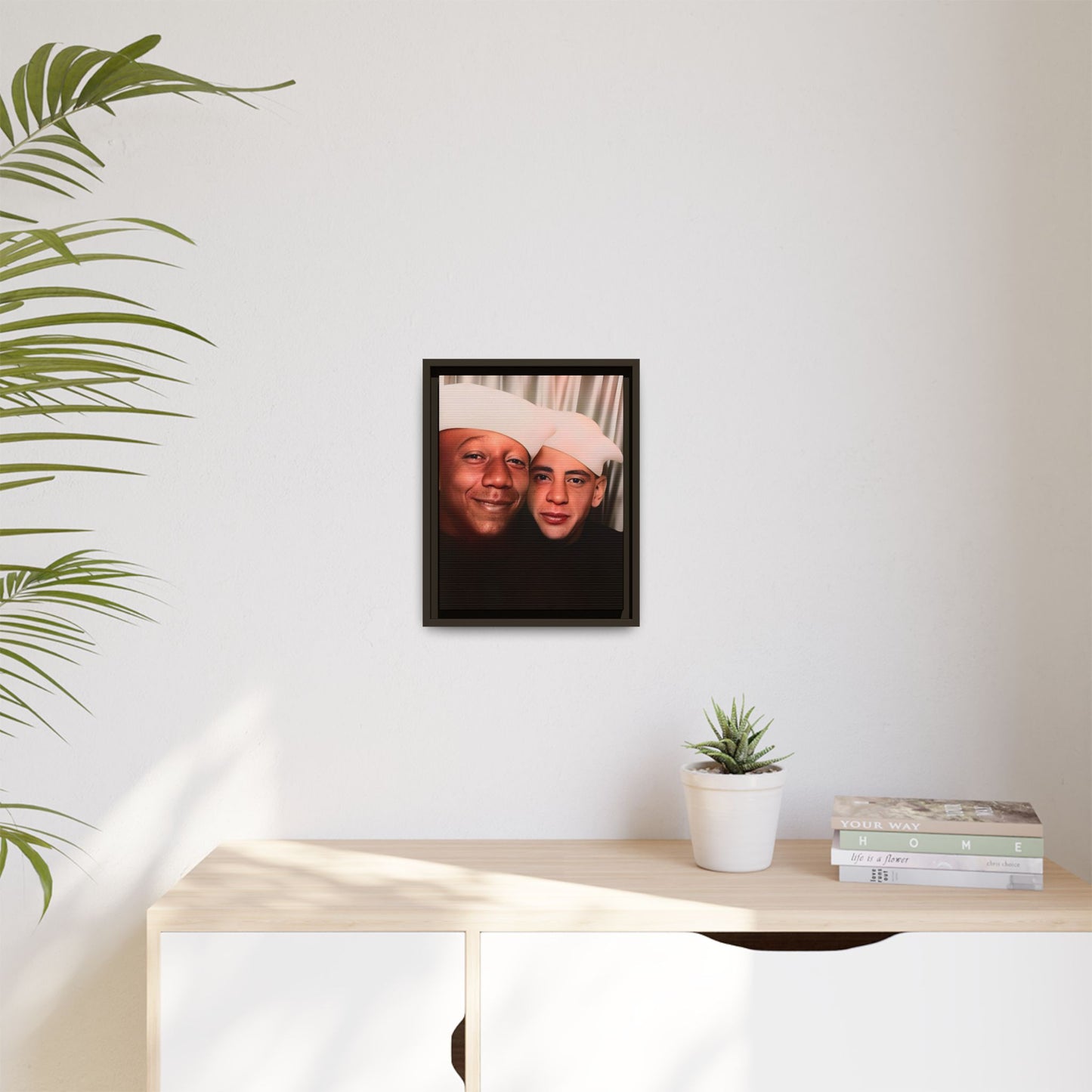 Restored vintage photo of Arthur & Marvin, WWII-era gay sailors in a photo booth, Daytona Beach FL, framed canvas art.