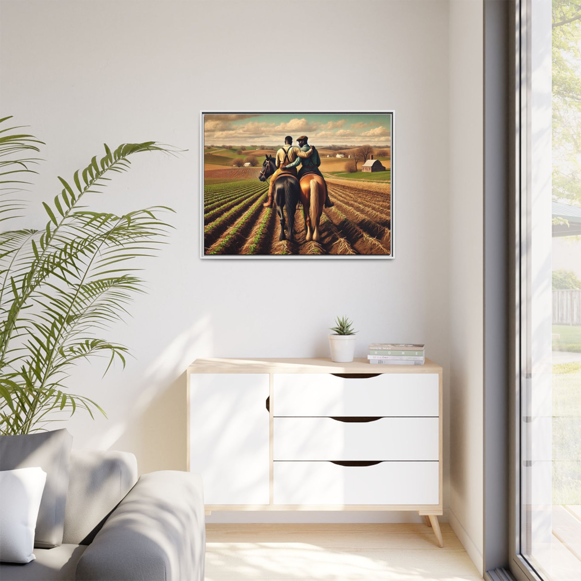 Artwork of an African-American gay couple riding horseback through expansive farmland, sharing a tender moment as they overlook lush fields. Dressed in rugged vintage attire, this scene captures resilience, love, and the charm of rural life, celebrating LGBTQ+ history and African-American heritage.